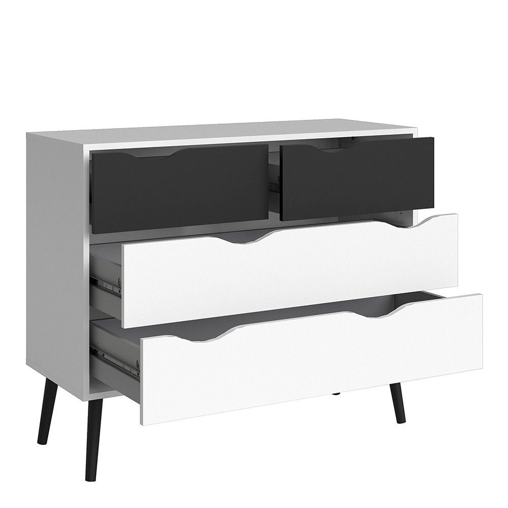 Black and White Scandinavian Chest of 4 Drawers on Black Legs No Handles