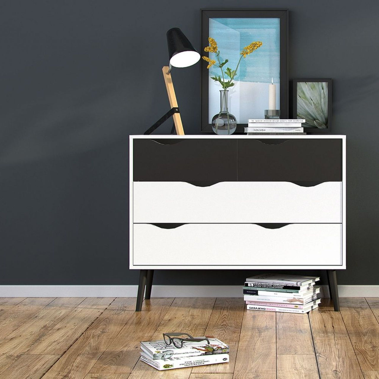 Black and White Scandinavian Chest of 4 Drawers on Black Legs No Handles