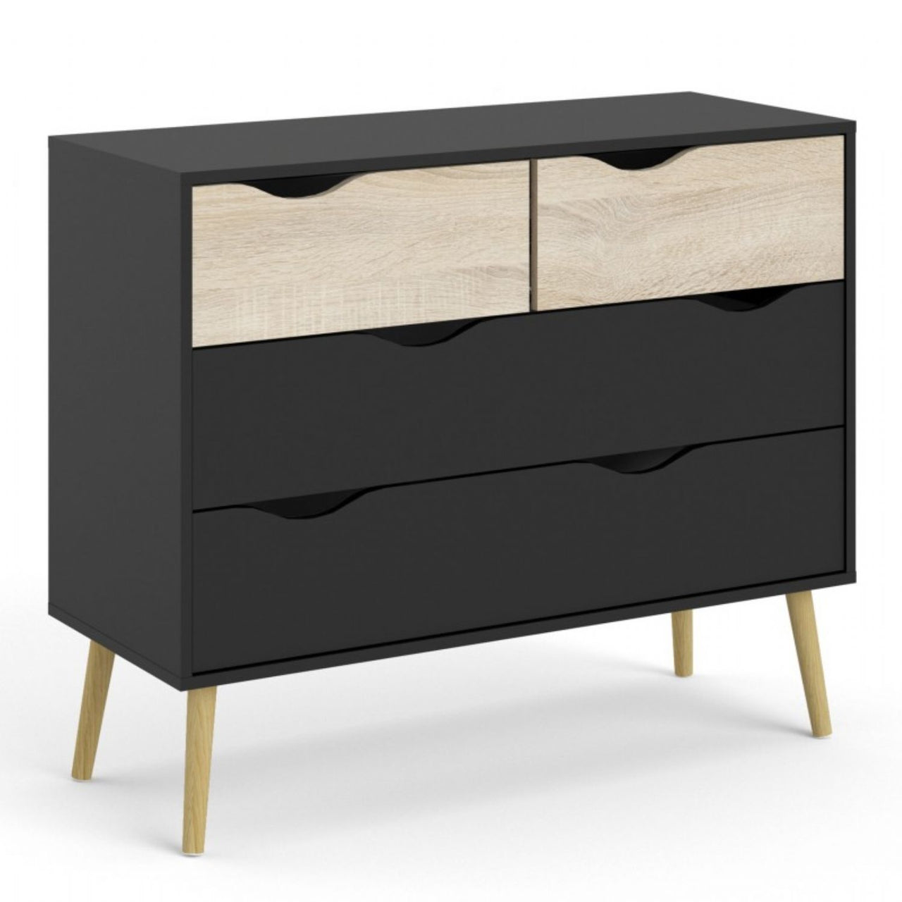 Black Chest of 4 Drawers 2+2 with Light Oak Legs and Front Scandi Style