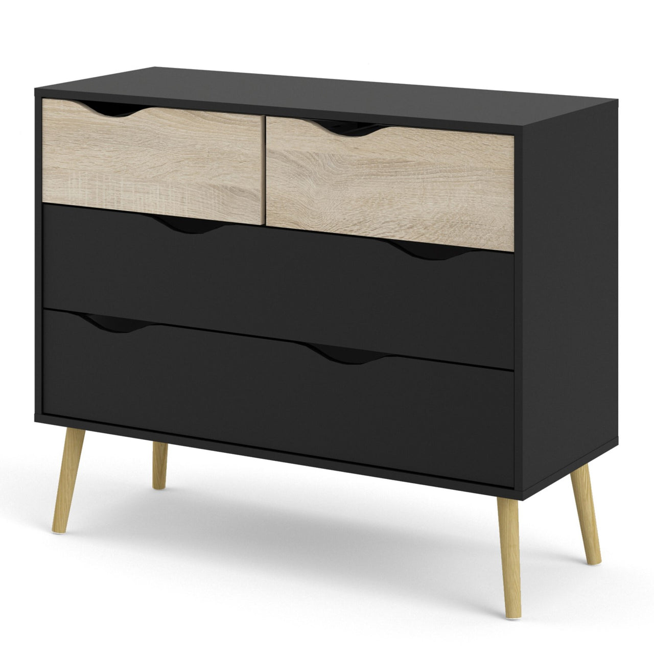 Black Chest of 4 Drawers 2+2 with Light Oak Legs and Front Scandi Style