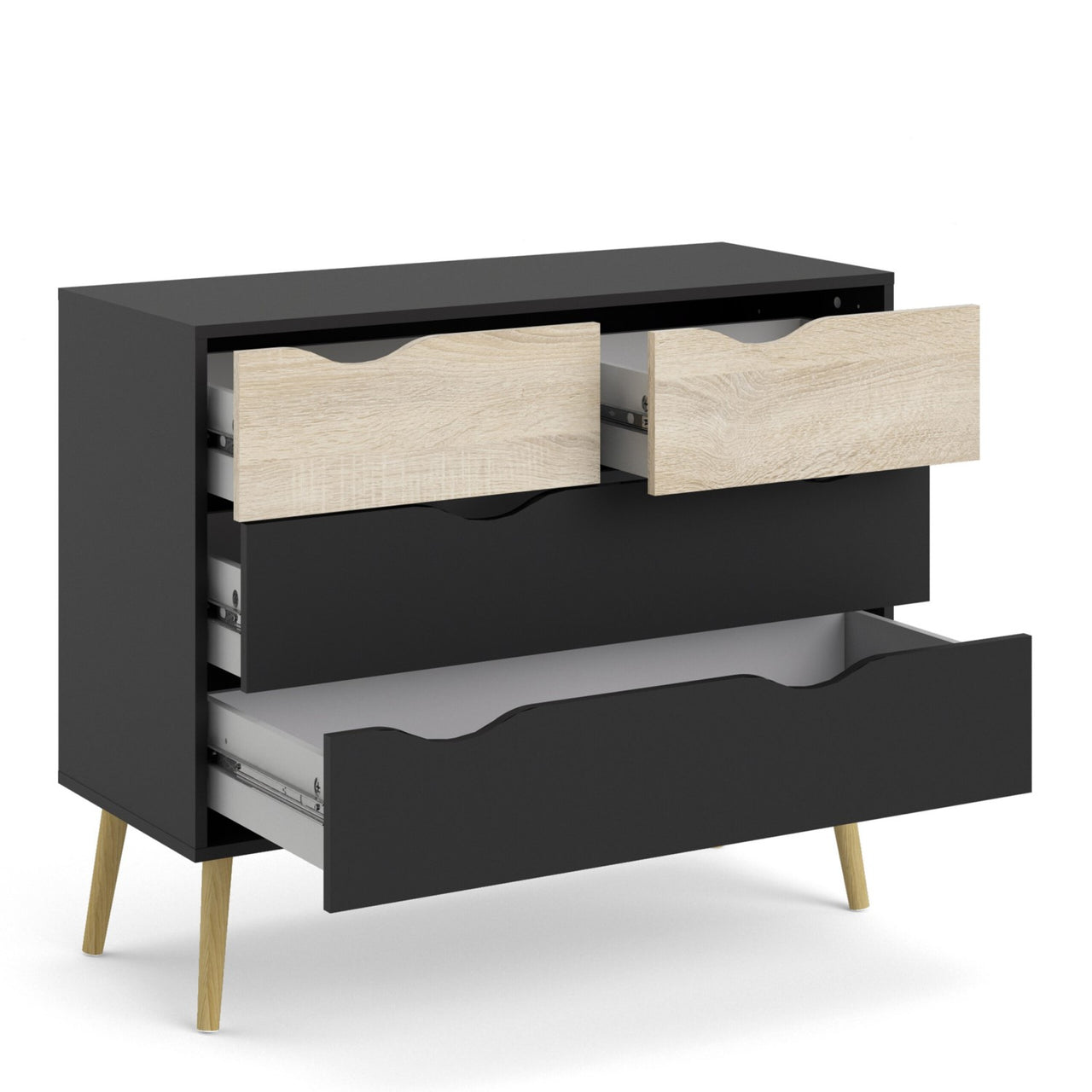 Black Chest of 4 Drawers 2+2 with Light Oak Legs and Front Scandi Style