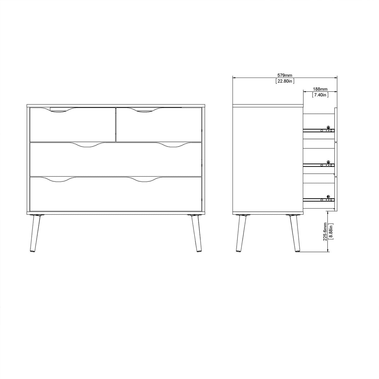 Black Chest of 4 Drawers 2+2 with Light Oak Legs and Front Scandi Style