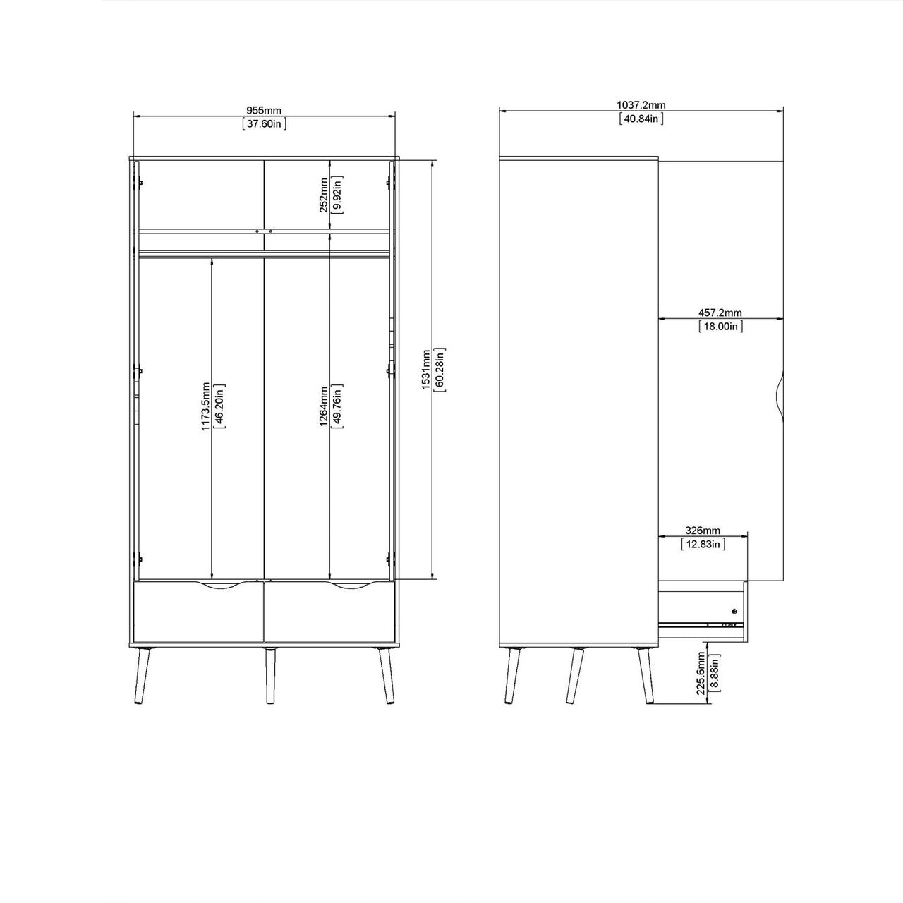 Black And Oak 2 Door Double Wardrobe With Cut Out Handles