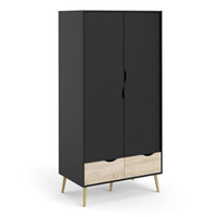 Thumbnail for Black And Oak 2 Door Double Wardrobe With Cut Out Handles