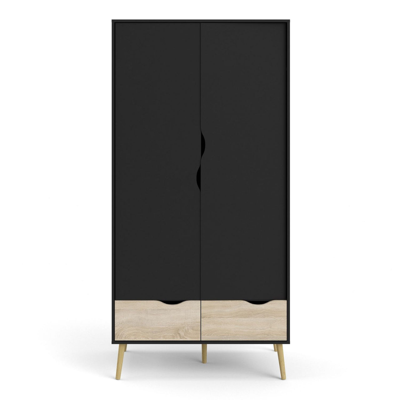 Black And Oak 2 Door Double Wardrobe With Cut Out Handles