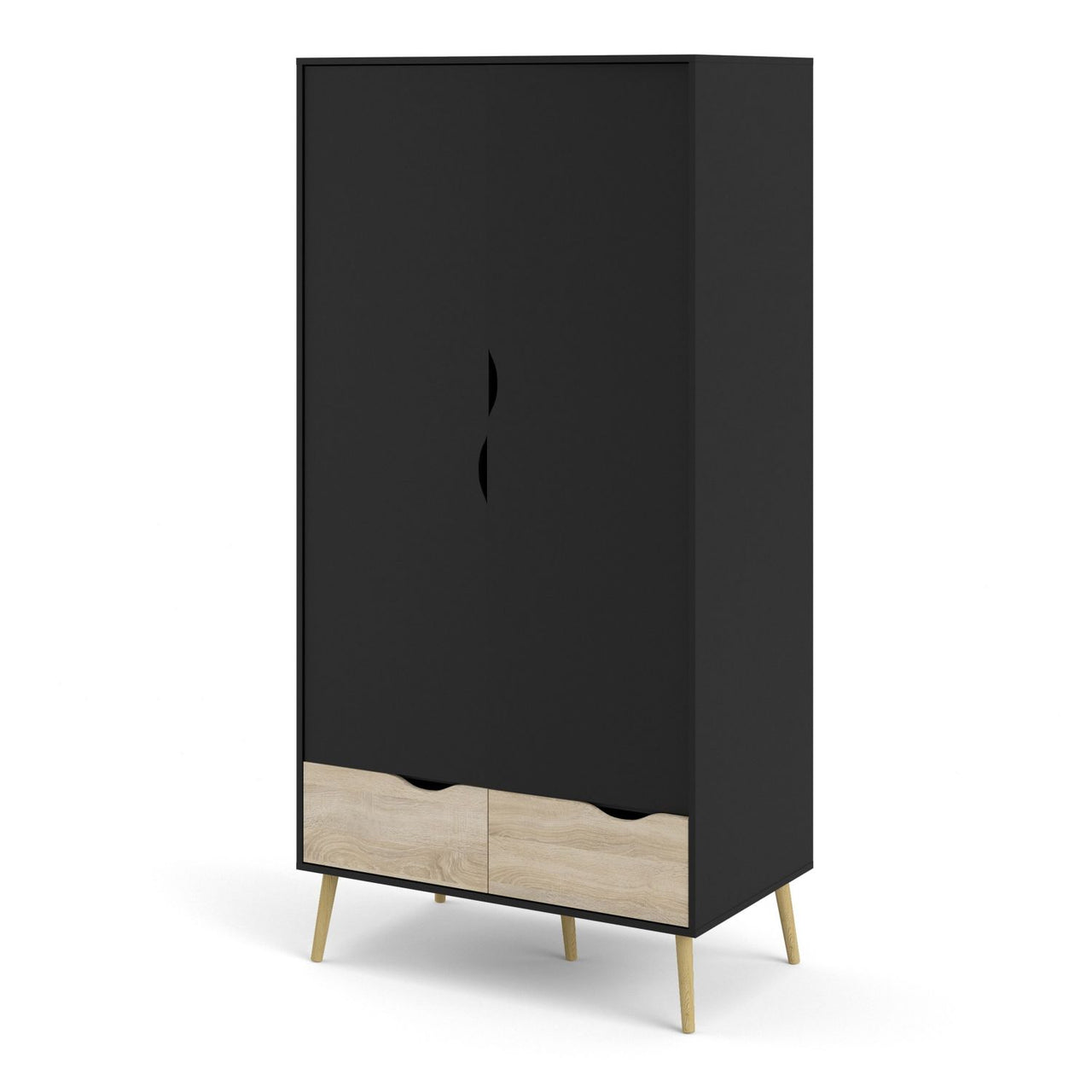 Black And Oak 2 Door Double Wardrobe With Cut Out Handles