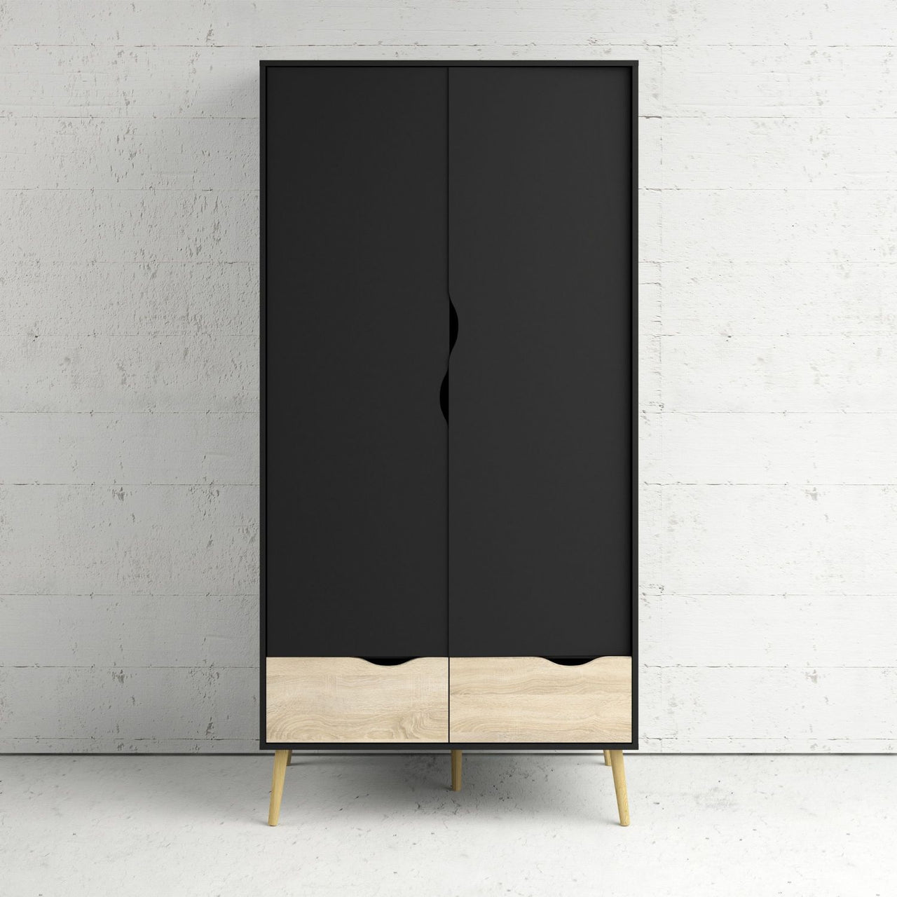 Black And Oak 2 Door Double Wardrobe With Cut Out Handles