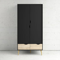 Thumbnail for Black And Oak 2 Door Double Wardrobe With Cut Out Handles