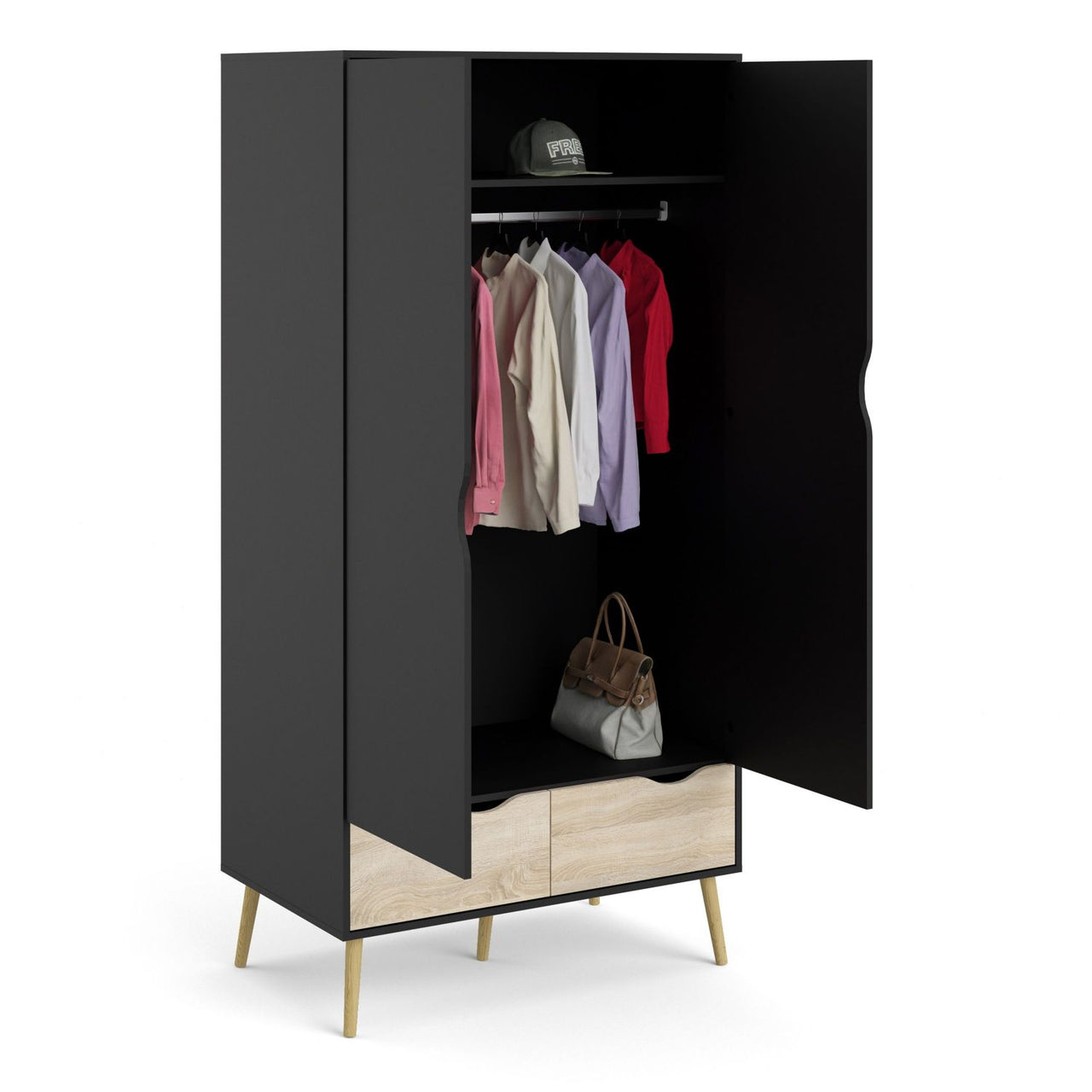 Black And Oak 2 Door Double Wardrobe With Cut Out Handles