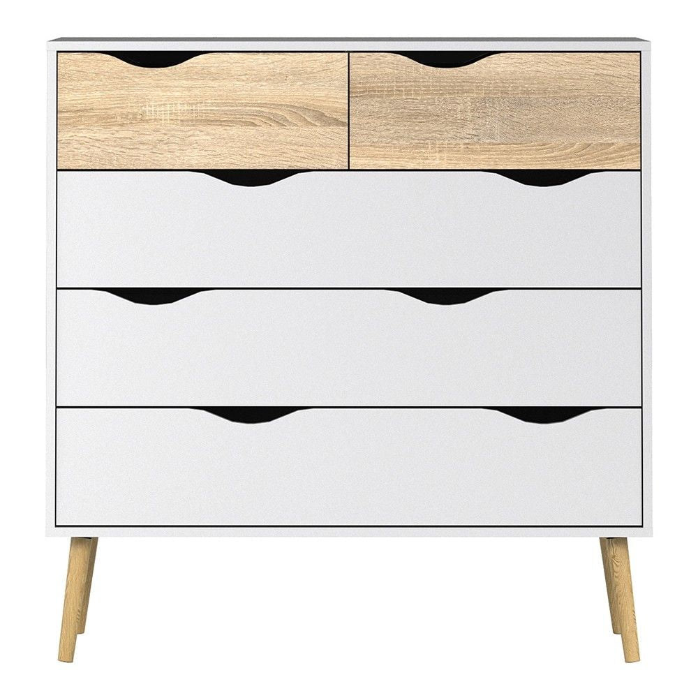 White and Oak Scandinavian 5 Drawer Chest With No Handles