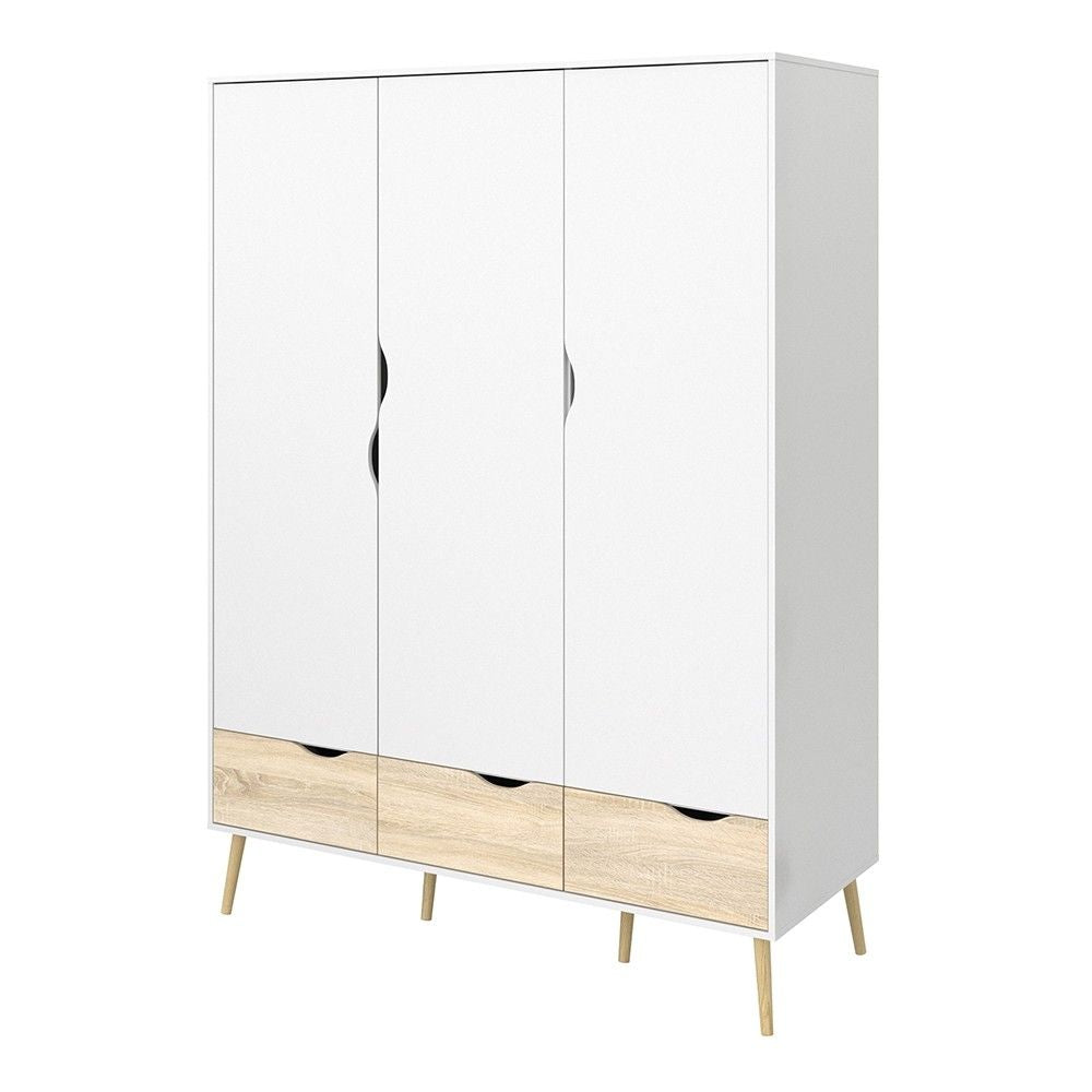 White and Oak 3 Door Triple Wardrobe With Cut Out Handles