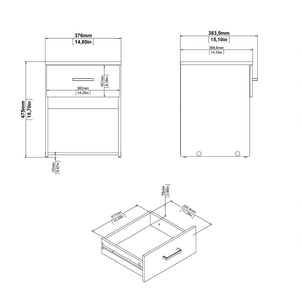 Space Package Bedside 1 Drawer + Chest of 3 Drawers + Wardrobe with 2 doors + 1 drawer in White