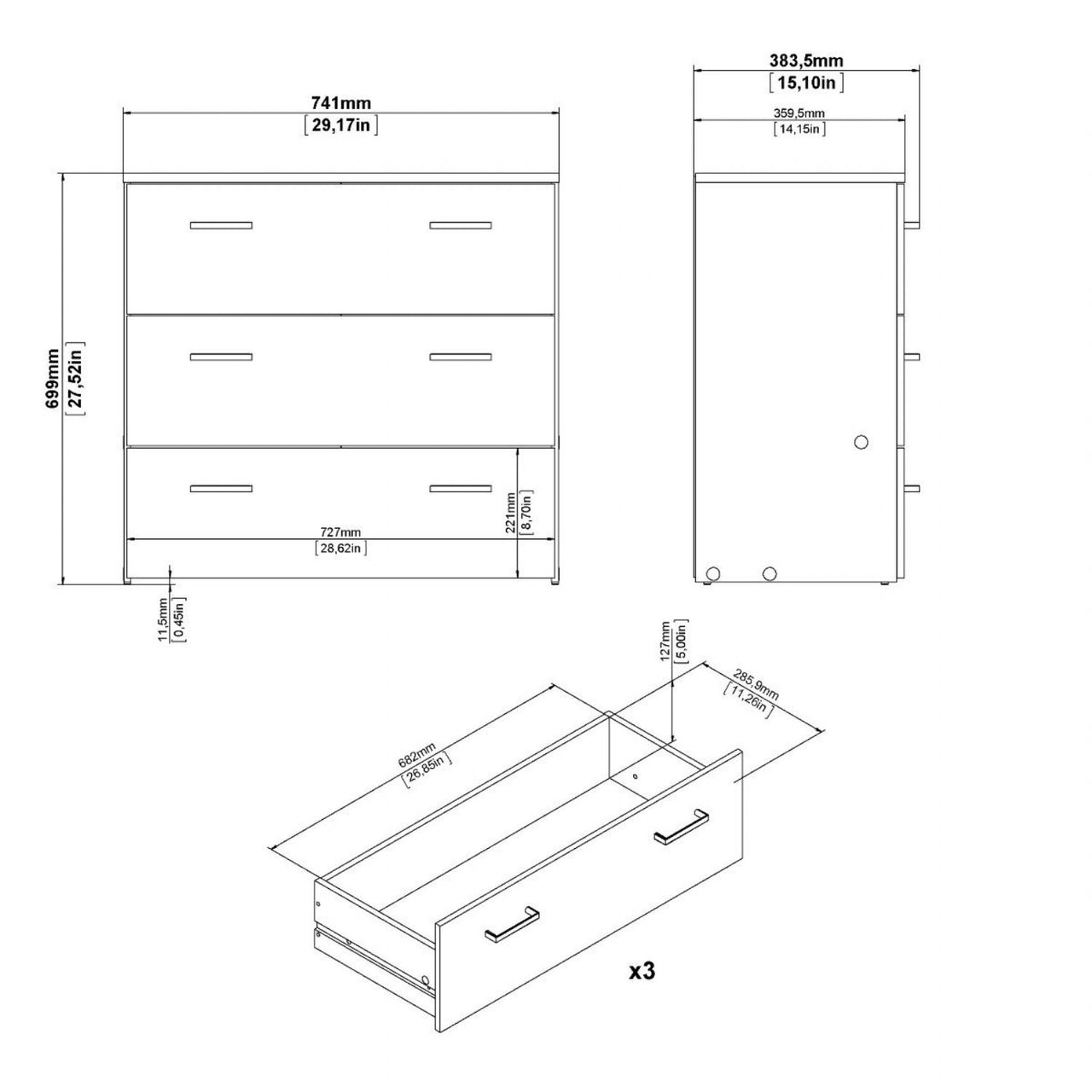 Space Package Bedside 1 Drawer + Chest of 3 Drawers + Wardrobe with 2 doors + 1 drawer in White