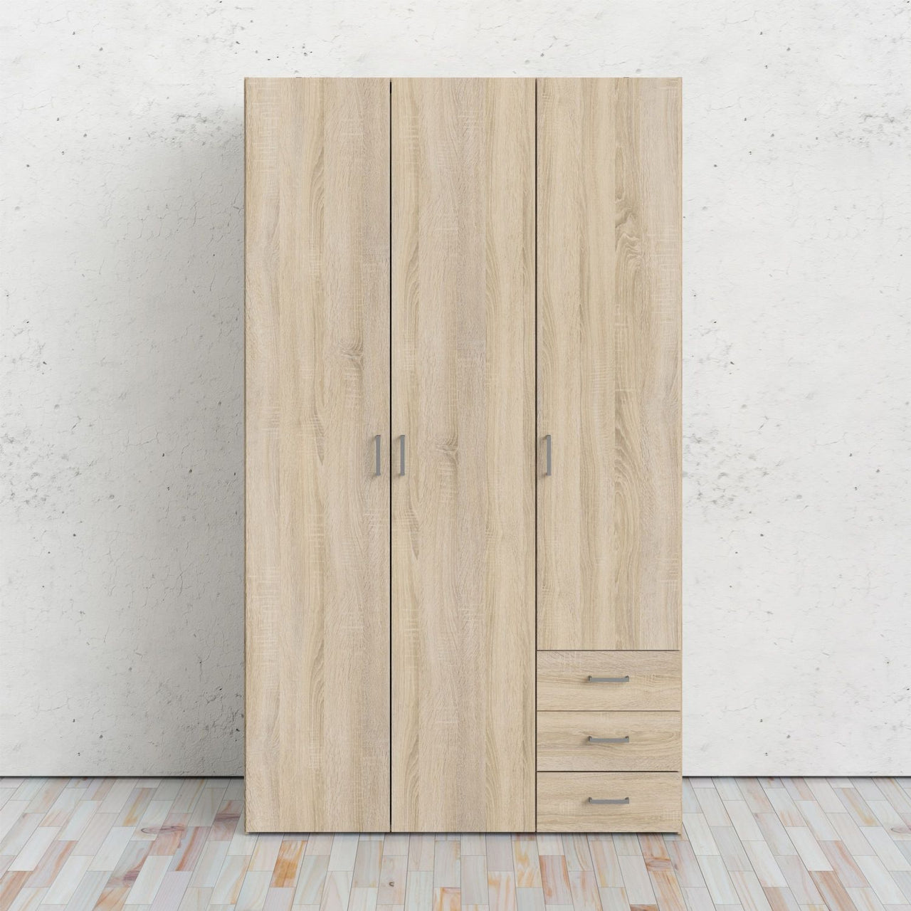 Light Oak 3 Door 3 Drawer Wardrobe 200cm Tall Modern