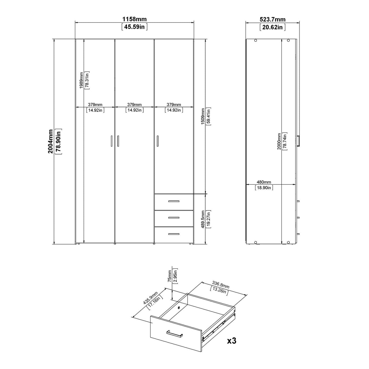 Light Oak 3 Door 3 Drawer Wardrobe 200cm Tall Modern