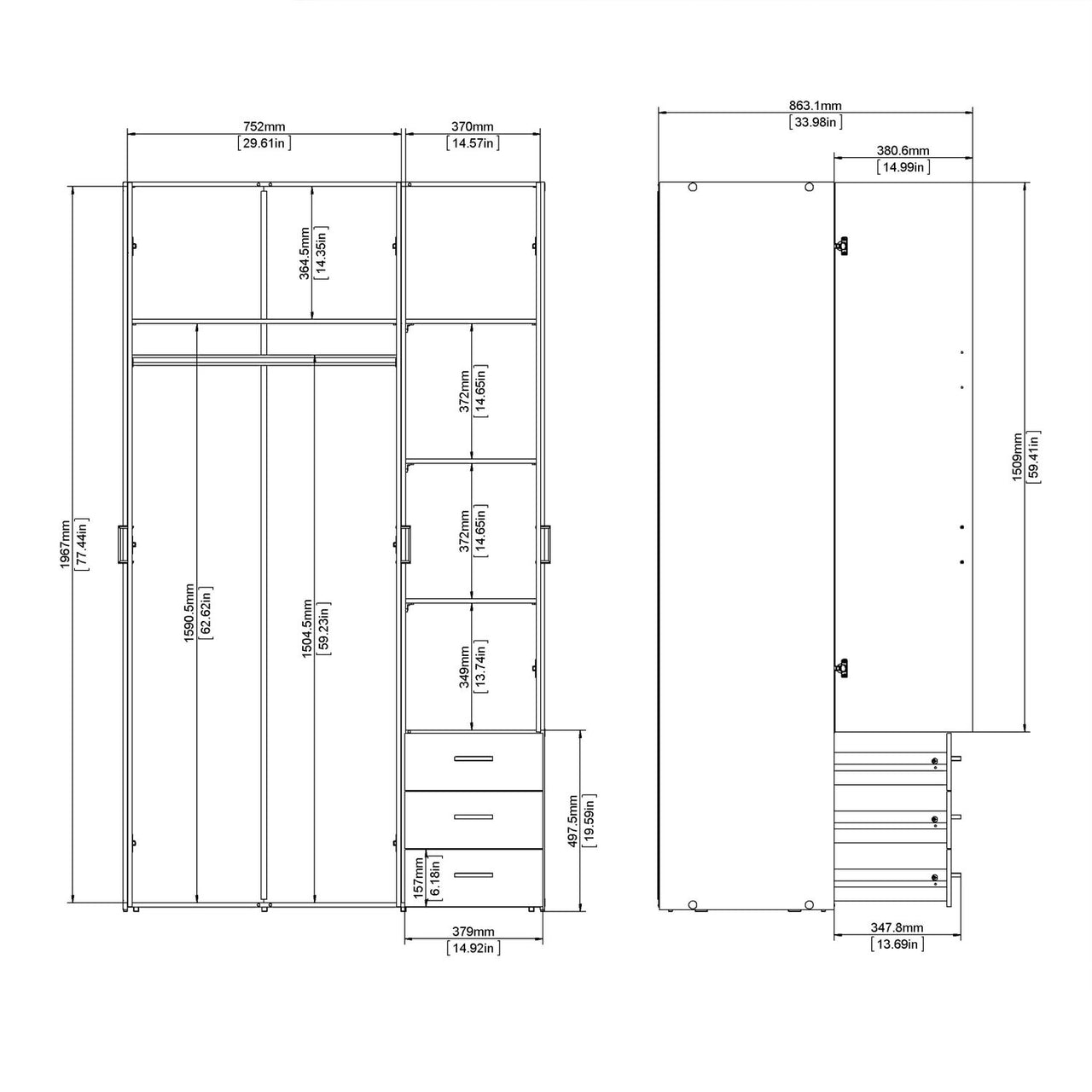 Light Oak 3 Door 3 Drawer Wardrobe 200cm Tall Modern