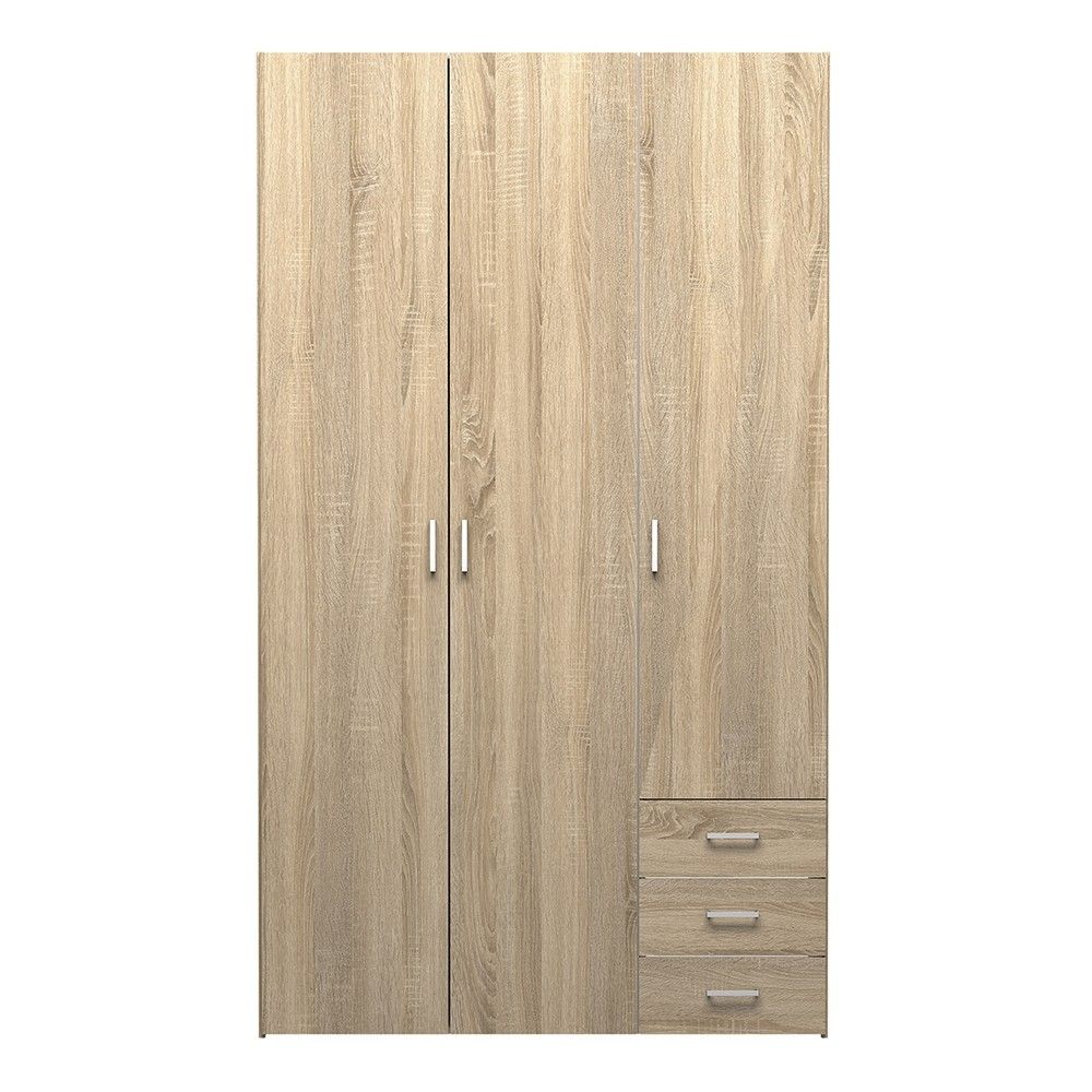 Light Oak 3 Door 3 Drawer Wardrobe 200cm Tall Modern