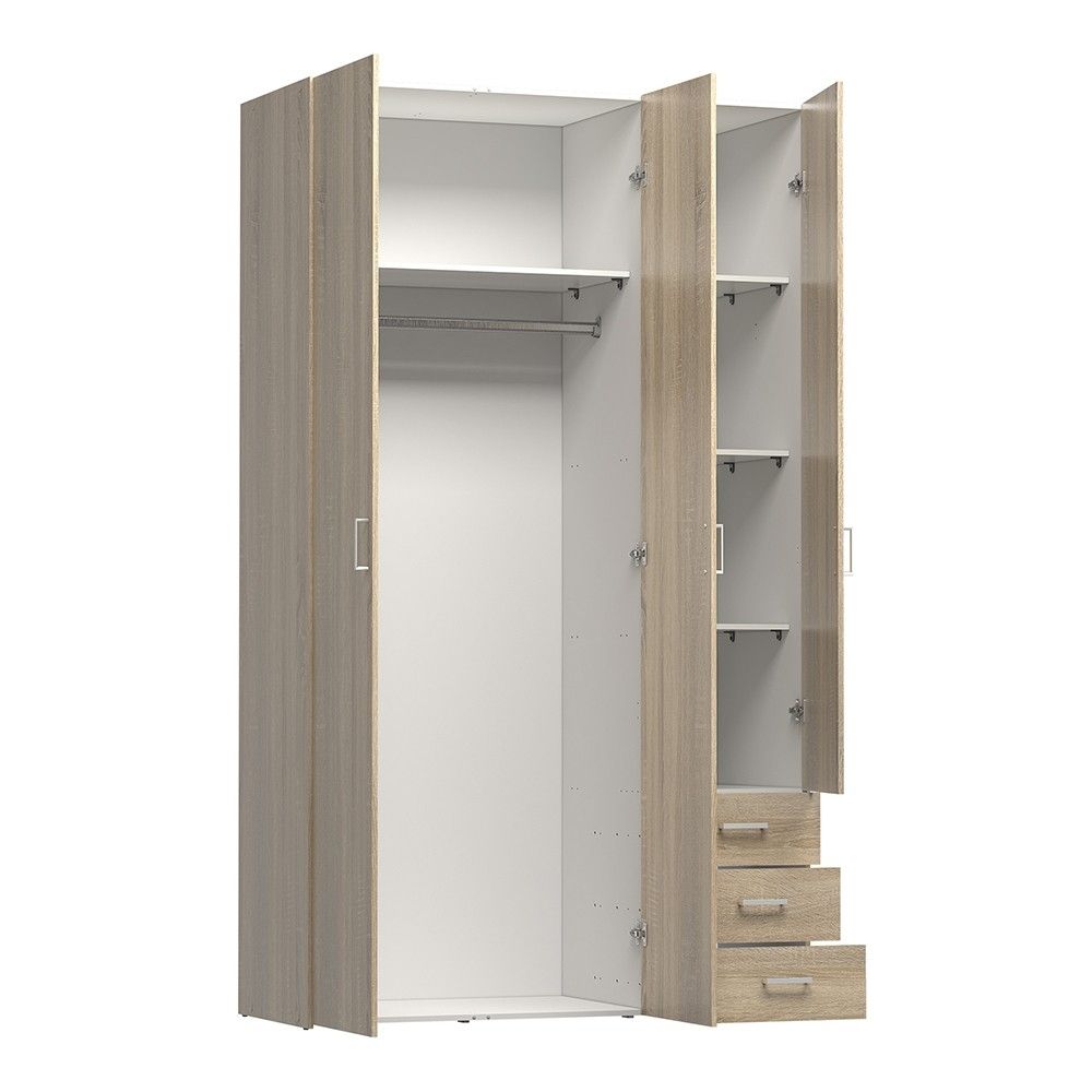 Light Oak 3 Door 3 Drawer Wardrobe 200cm Tall Modern