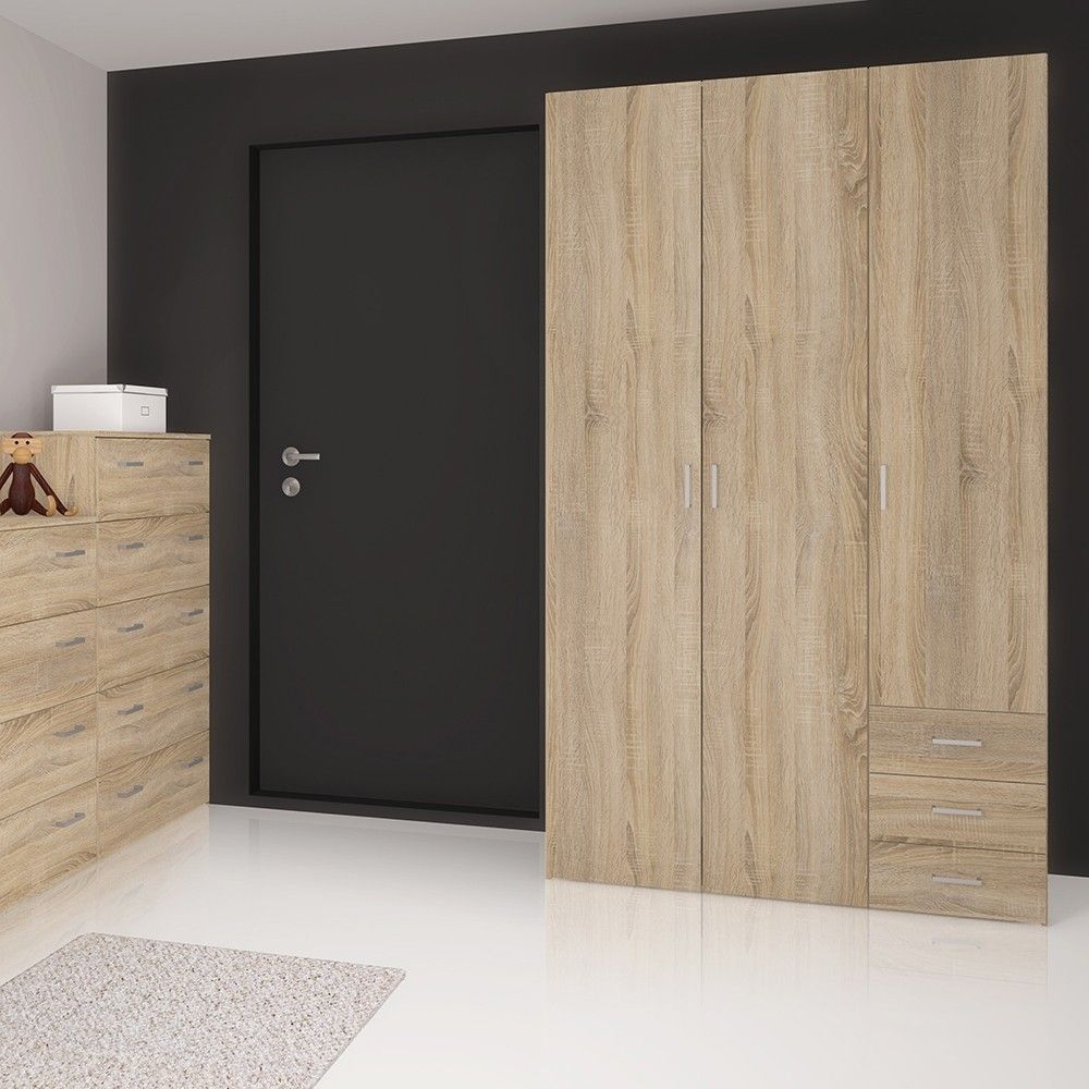 Light Oak 3 Door 3 Drawer Wardrobe 200cm Tall Modern