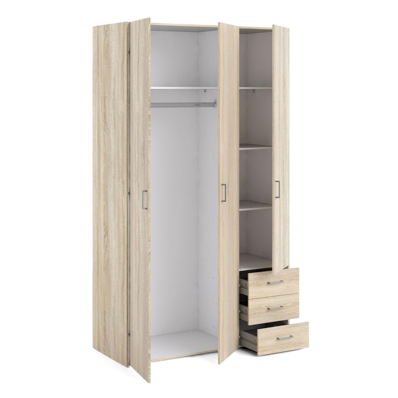 Light Oak 3 Door 3 Drawer Wardrobe 200cm Tall Modern