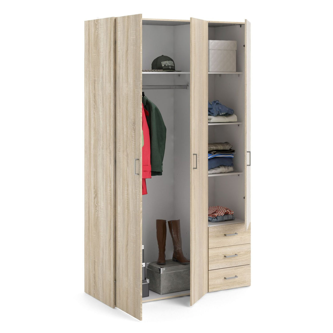 Light Oak 3 Door 3 Drawer Wardrobe 200cm Tall Modern