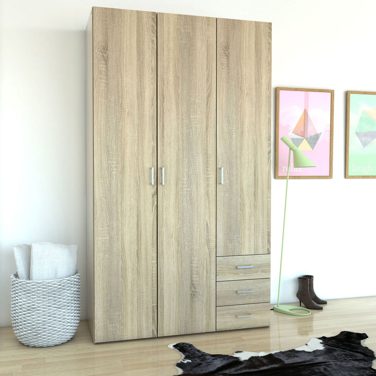 Light Oak 3 Door 3 Drawer Wardrobe 200cm Tall Modern