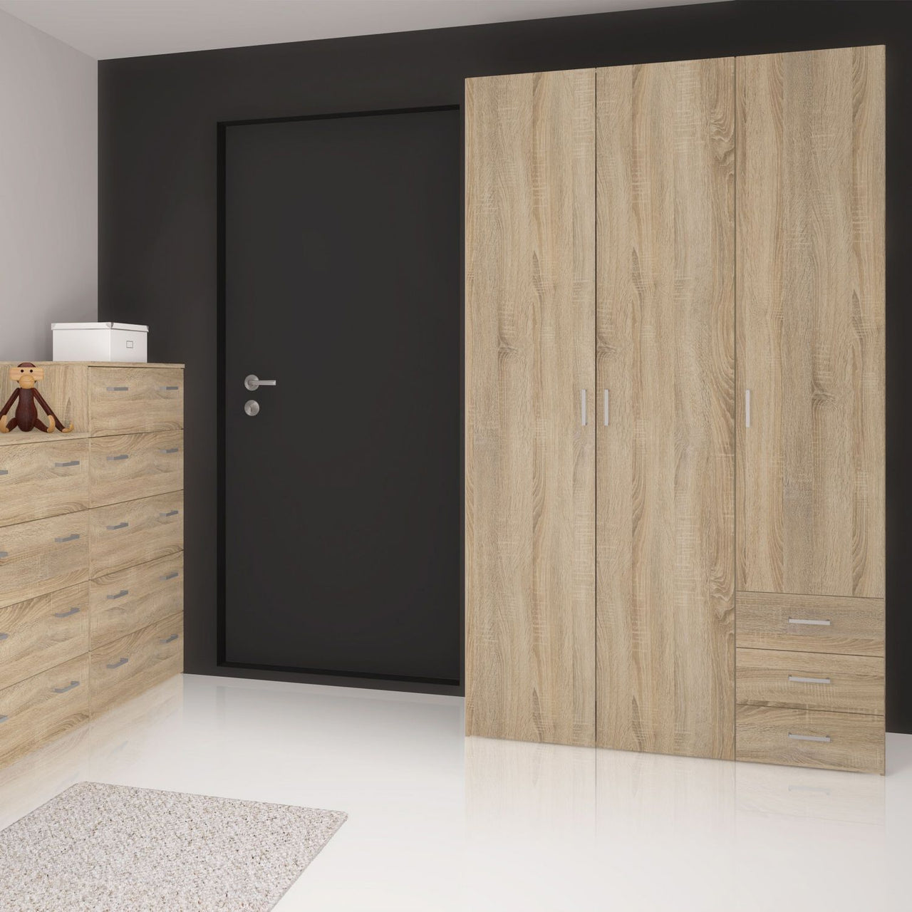 Light Oak 3 Door 3 Drawer Wardrobe 200cm Tall Modern