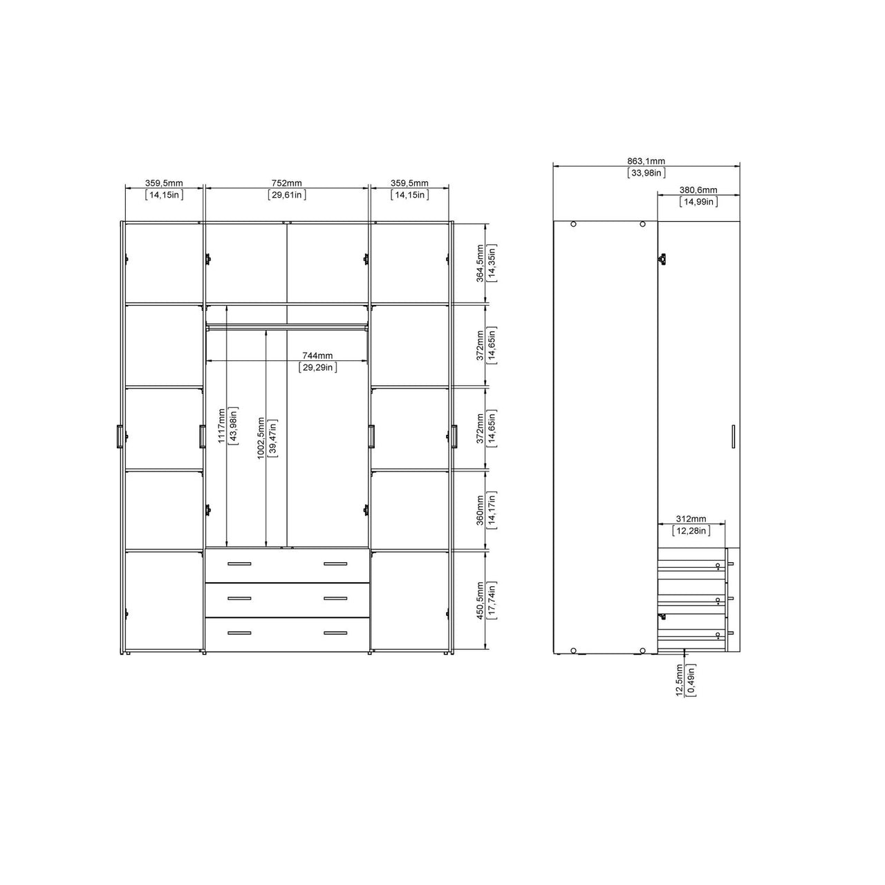 Large Tall Dark Oak Finish 4 Door and 3 Drawer Wardrobe