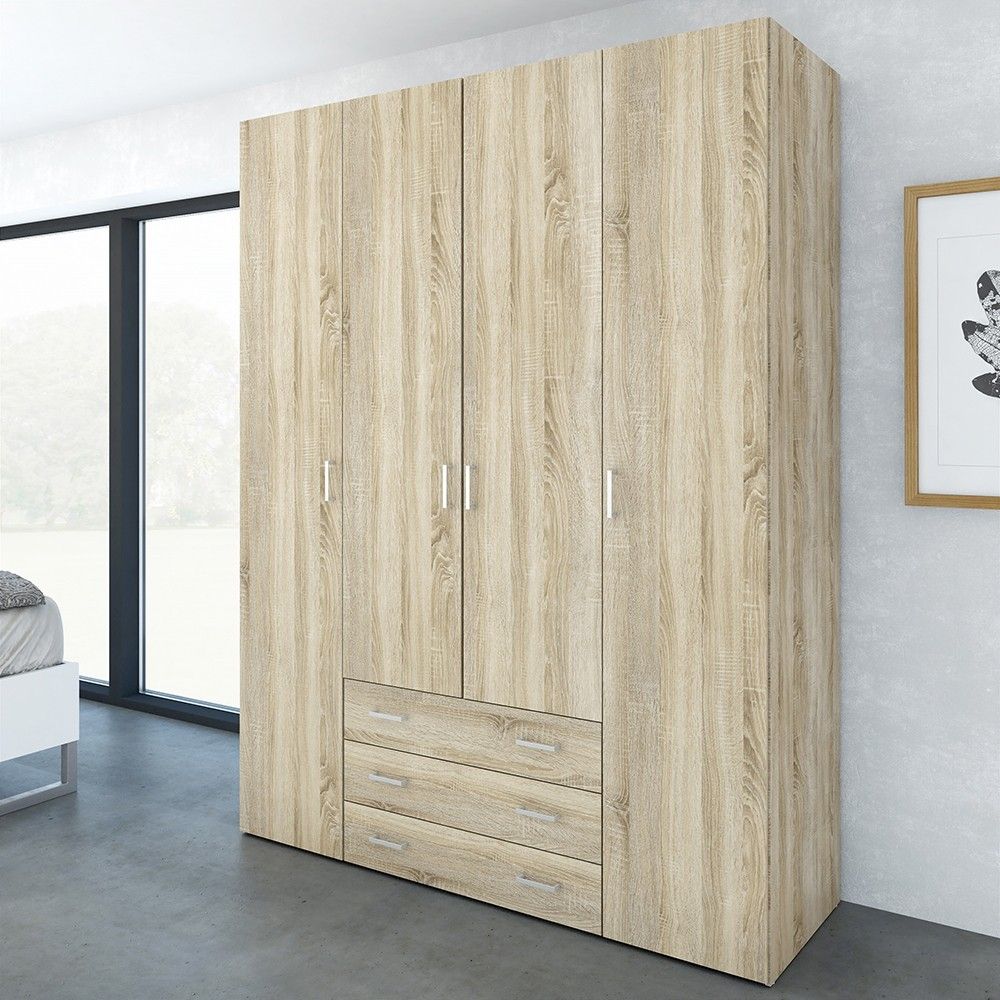 Large Tall Dark Oak Finish 4 Door and 3 Drawer Wardrobe