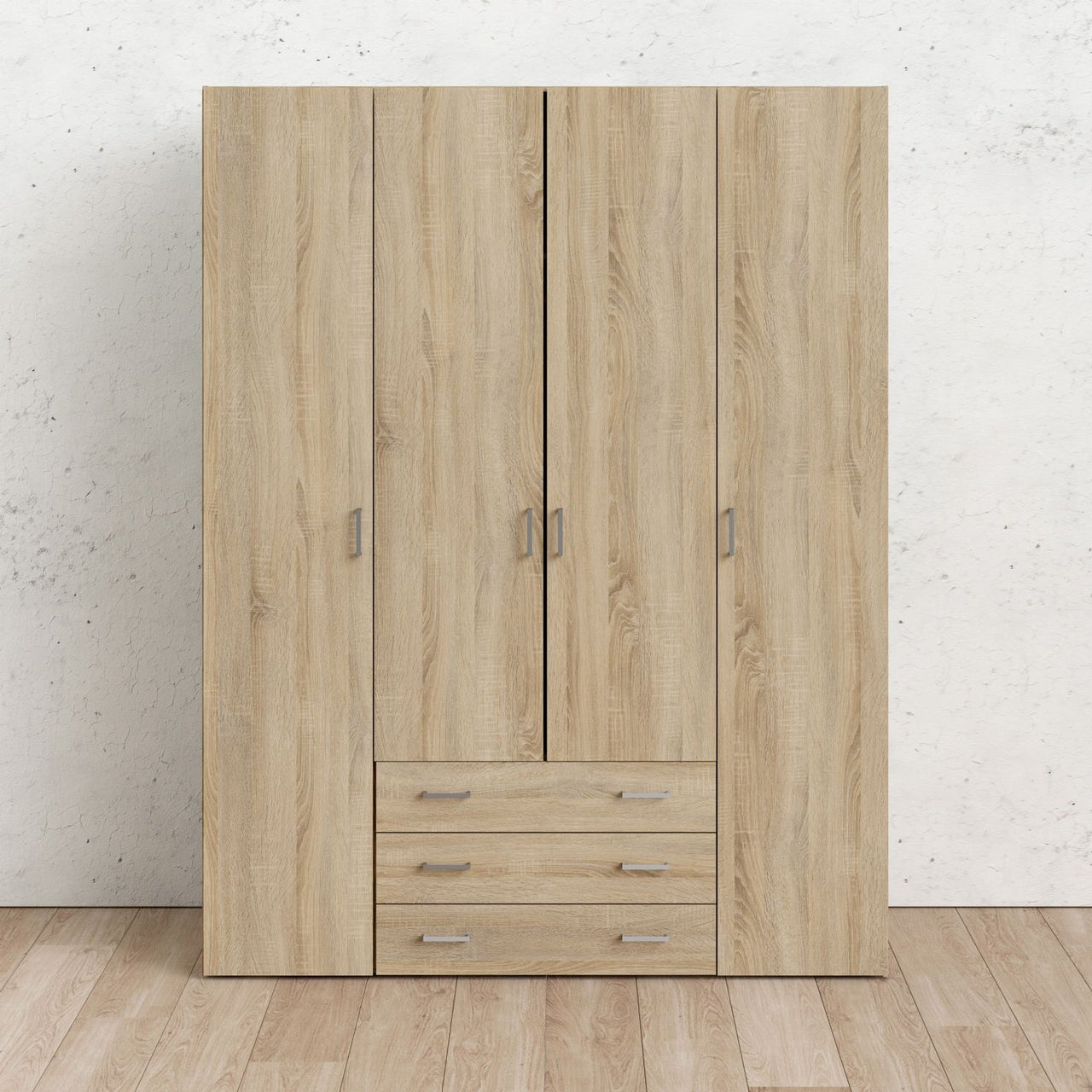 Large Tall Dark Oak Finish 4 Door and 3 Drawer Wardrobe