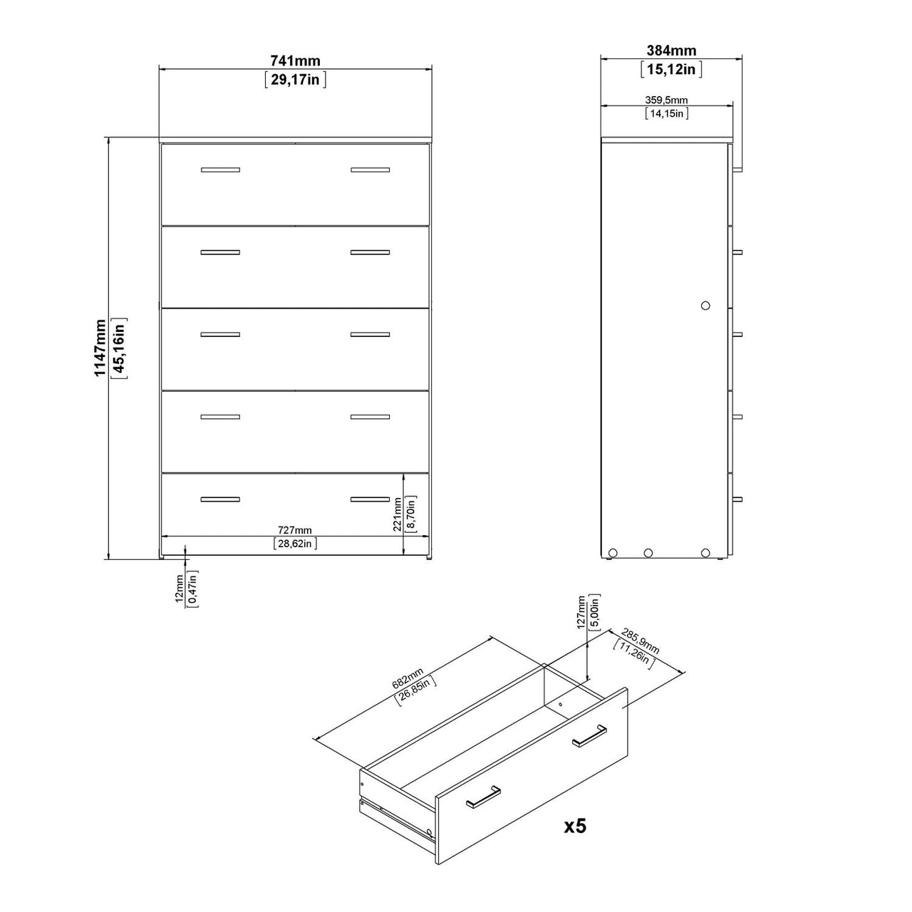 Tall Simple White 5 Drawer Chest