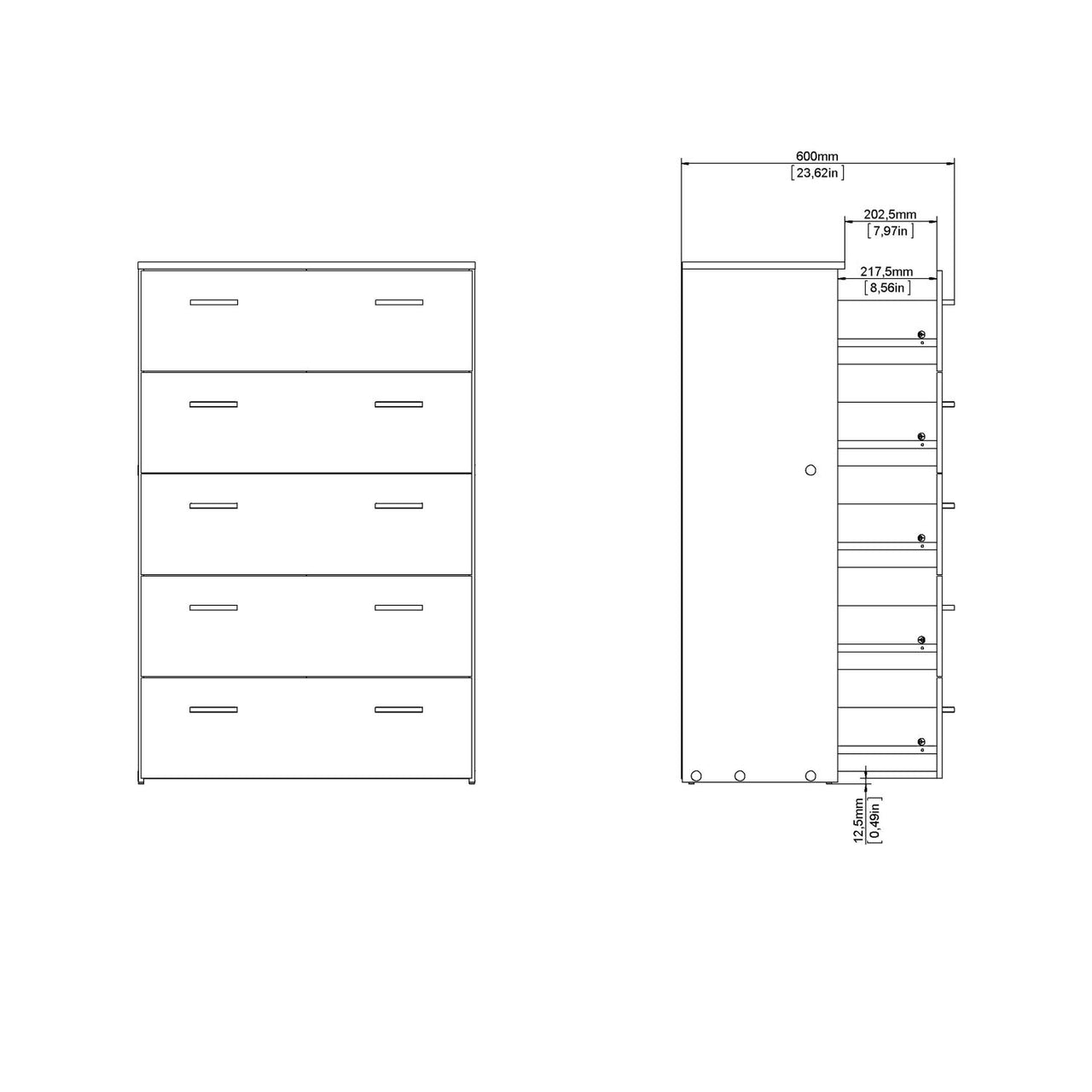 Tall Simple White 5 Drawer Chest