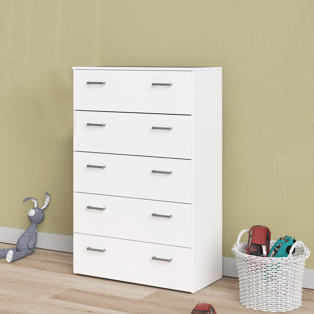 Tall Simple White 5 Drawer Chest