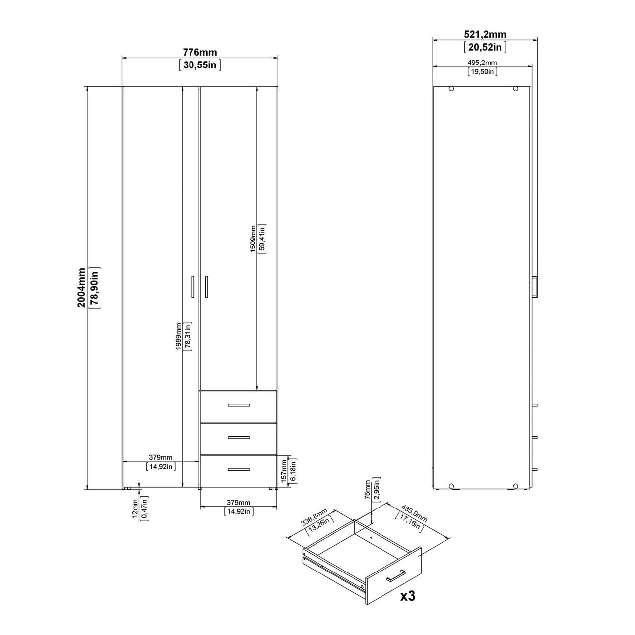 Traditional Slim White Double Wardrobe