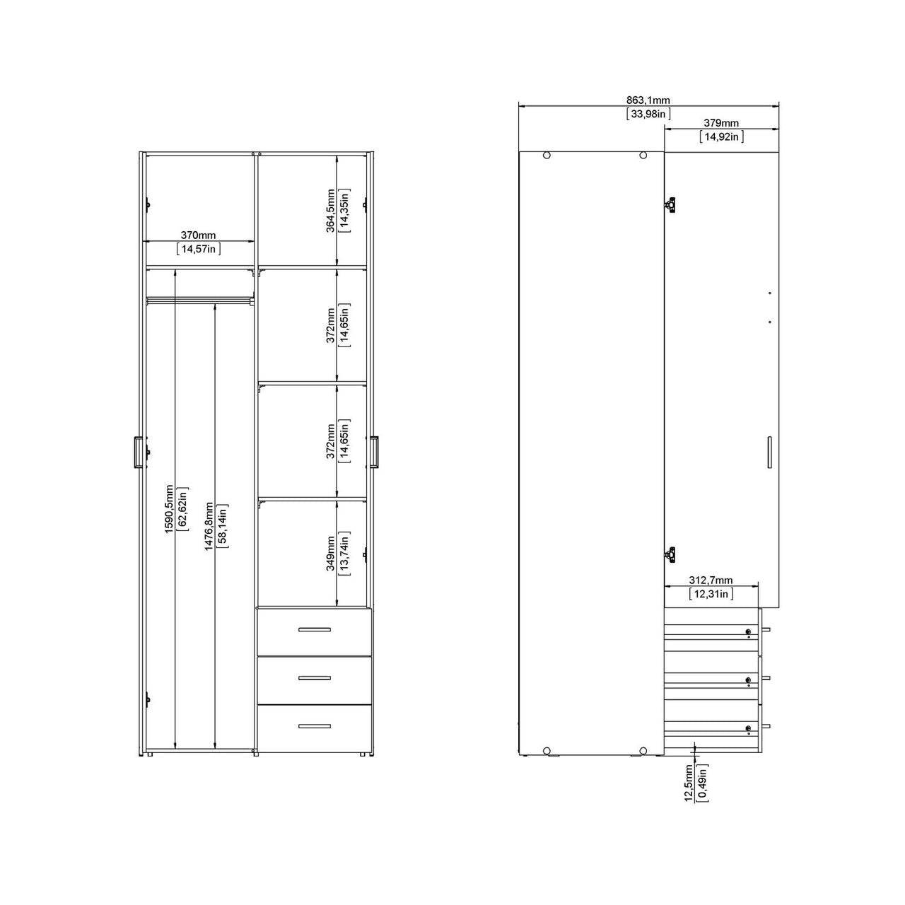 Traditional Slim White Double Wardrobe