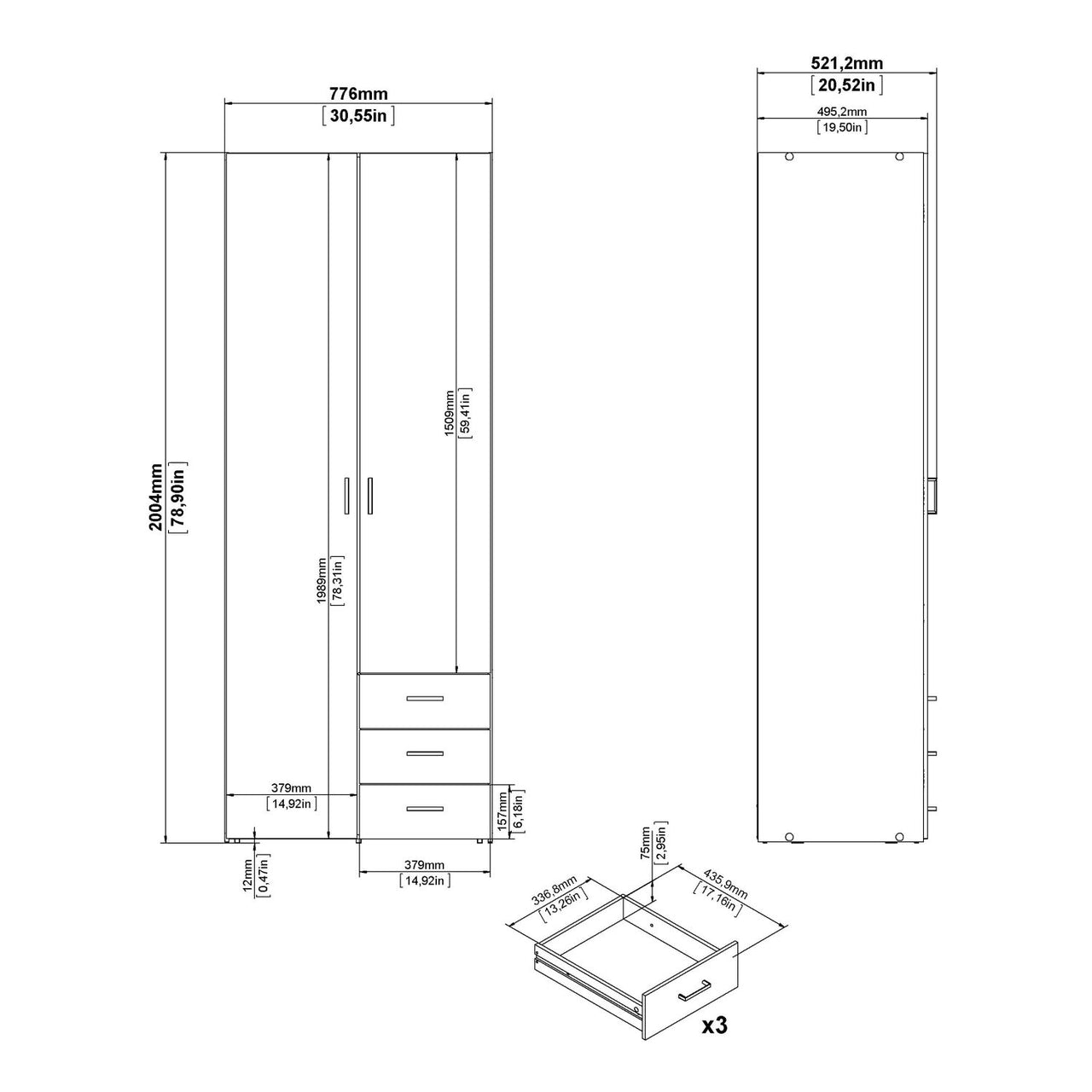 Oak Tall Double Combination Wardrobe 2 Doors 3 Drawers 200cm Tall