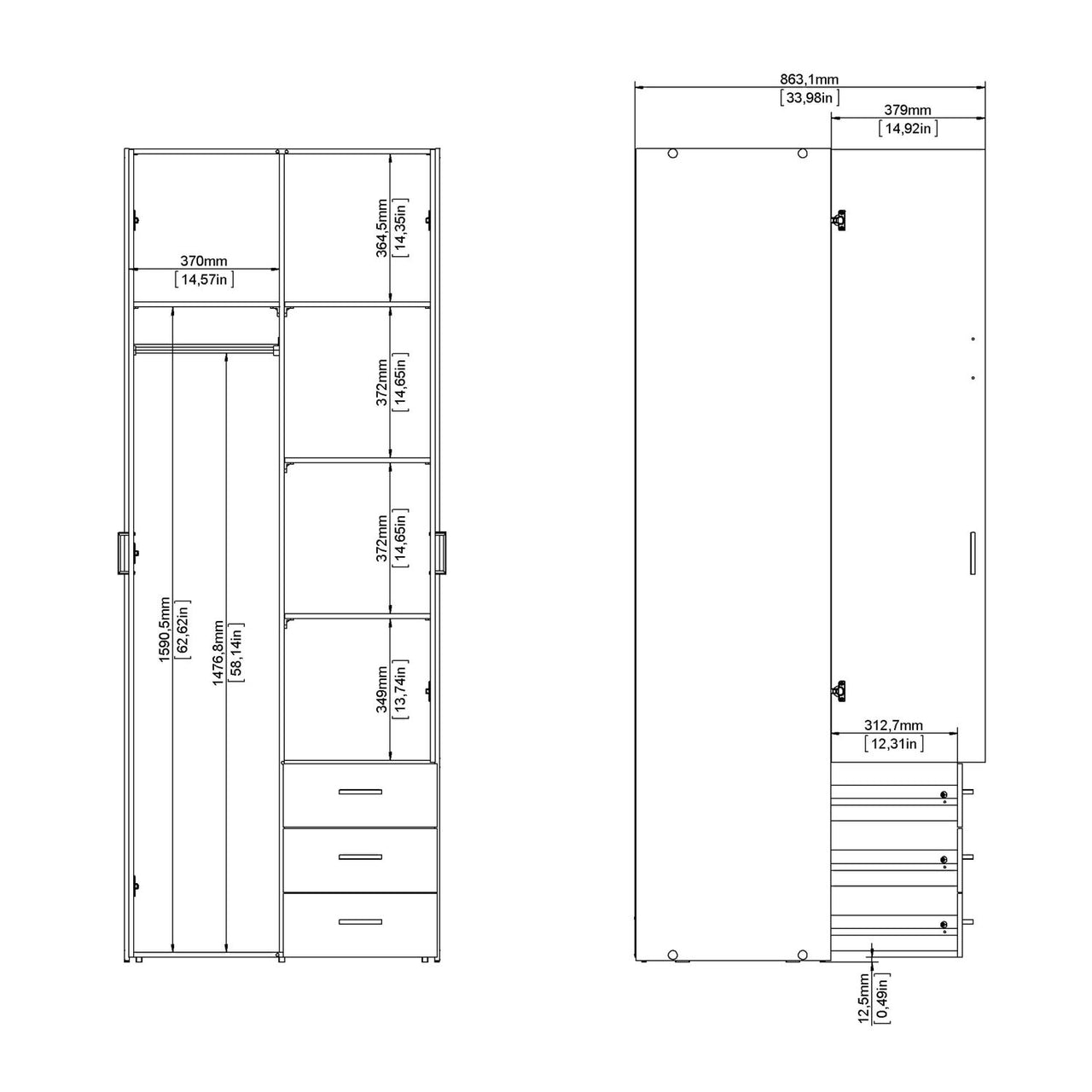 Oak Tall Double Combination Wardrobe 2 Doors 3 Drawers 200cm Tall