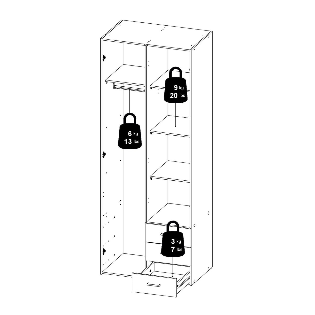 Oak Tall Double Combination Wardrobe 2 Doors 3 Drawers 200cm Tall