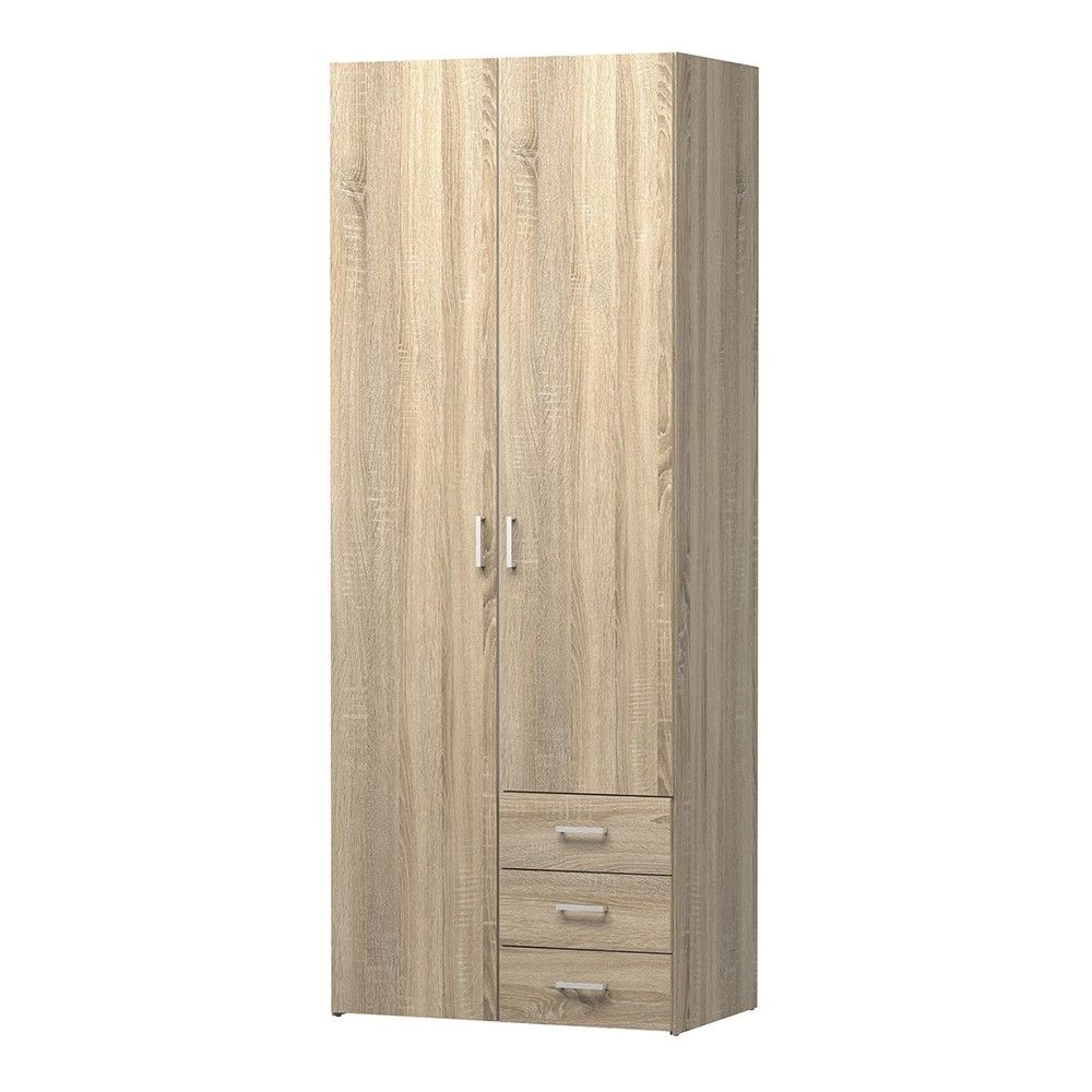 Oak Tall Double Combination Wardrobe 2 Doors 3 Drawers 200cm Tall