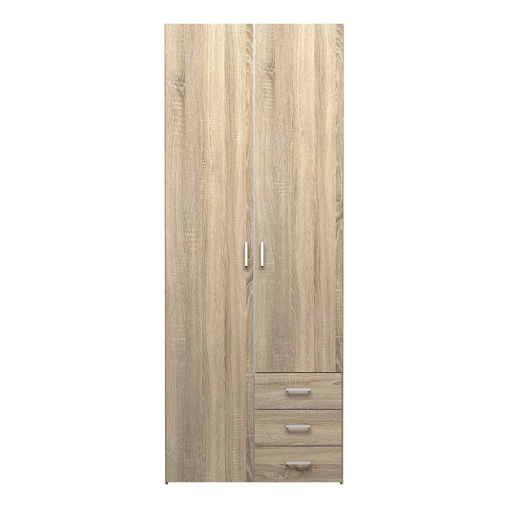 Oak Tall Double Combination Wardrobe 2 Doors 3 Drawers 200cm Tall