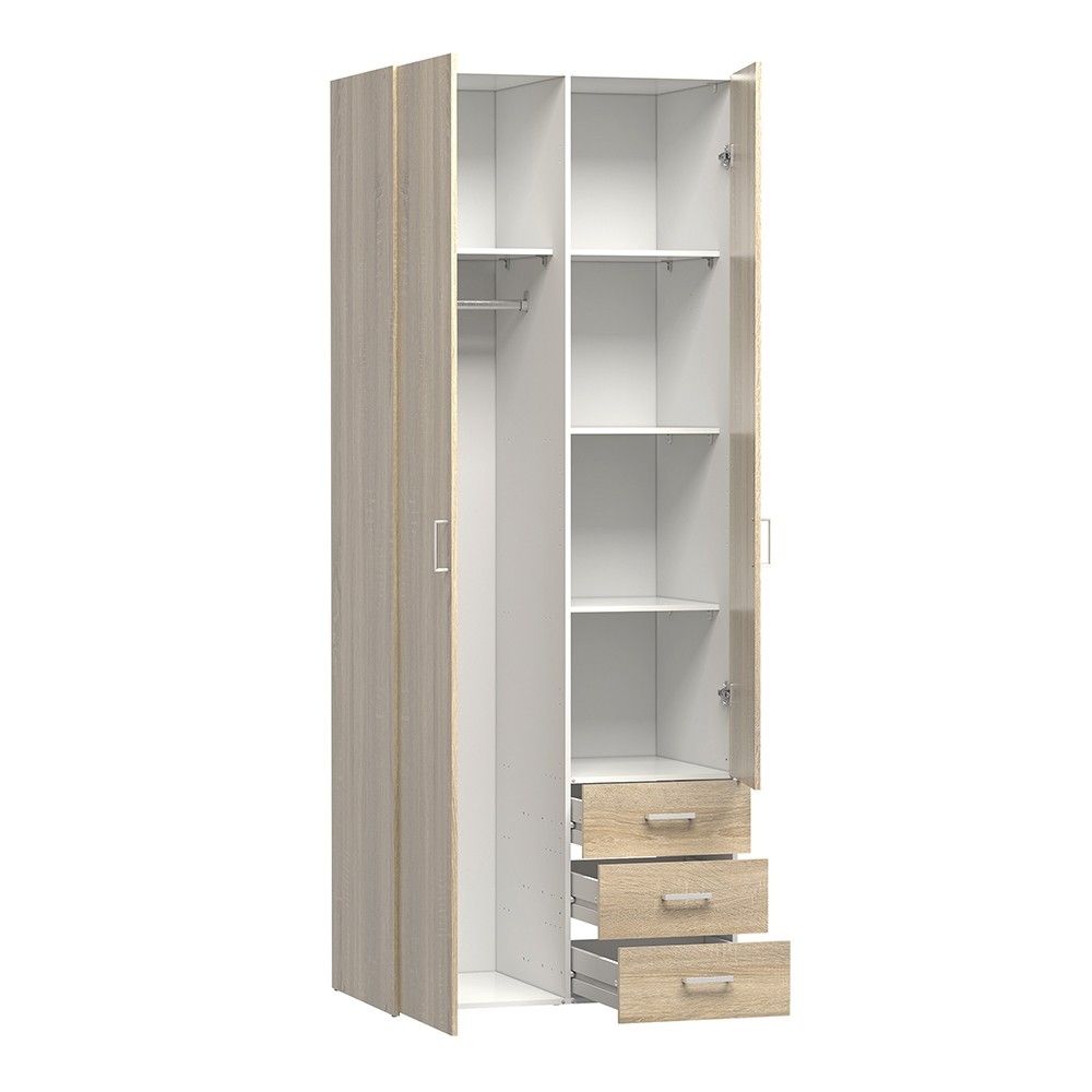 Oak Tall Double Combination Wardrobe 2 Doors 3 Drawers 200cm Tall