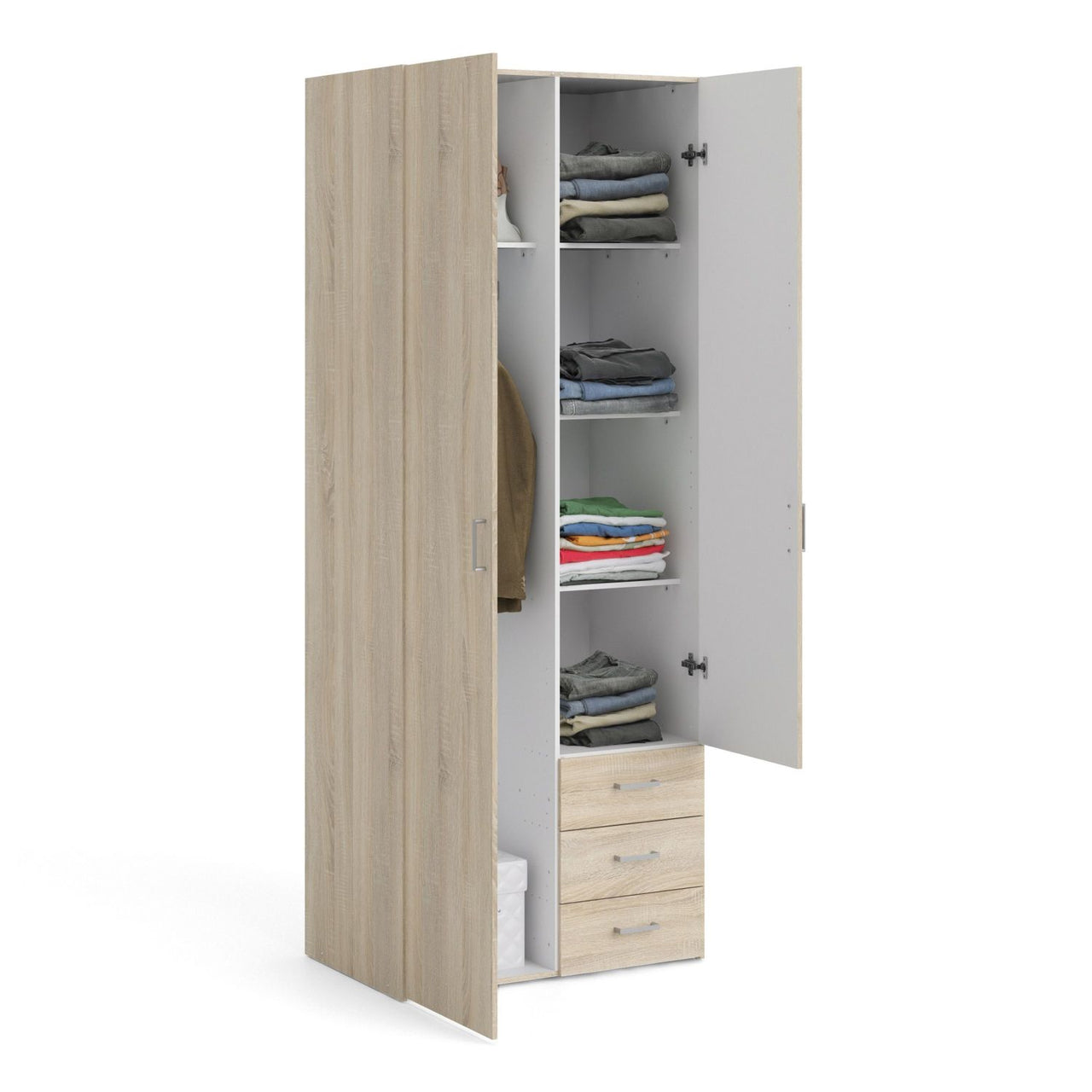 Oak Tall Double Combination Wardrobe 2 Doors 3 Drawers 200cm Tall