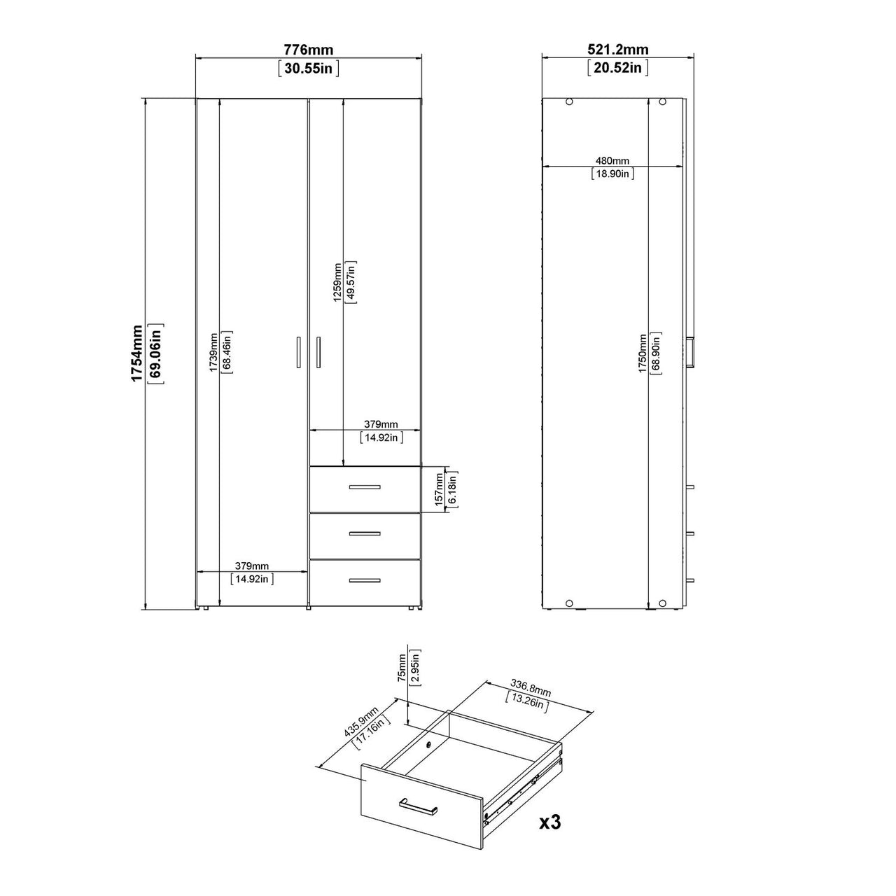 Tall Slim White 2 Door Double Wardrobe With Metal Handles