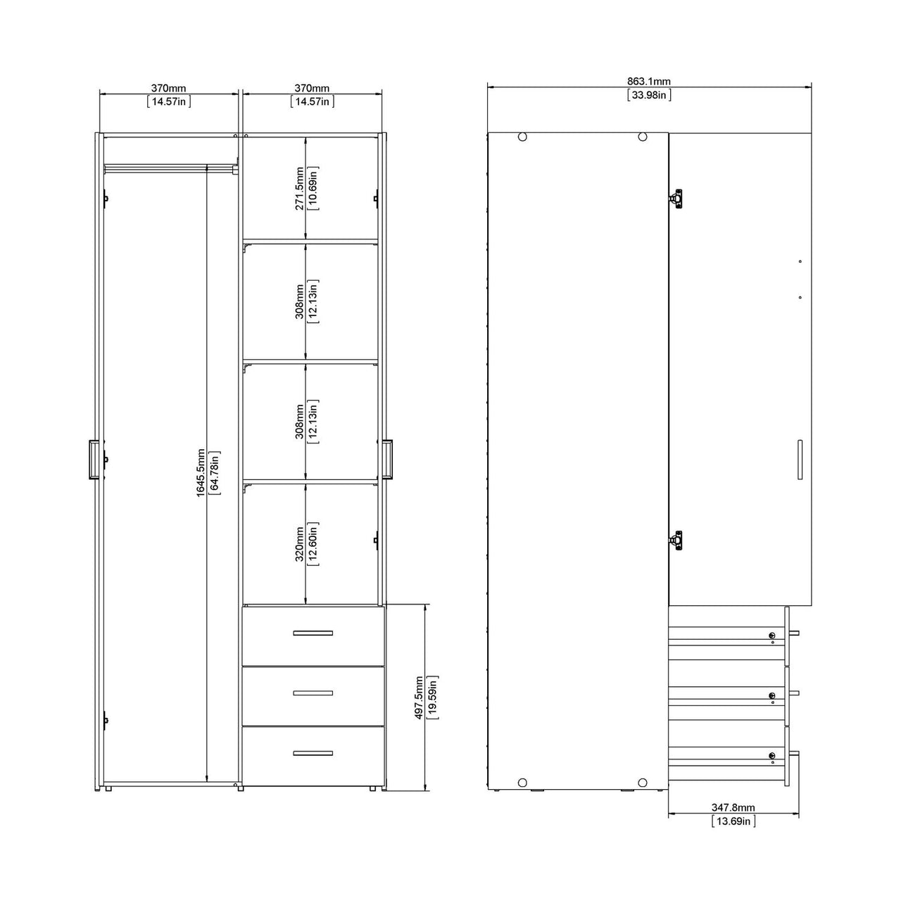 Tall Slim White 2 Door Double Wardrobe With Metal Handles