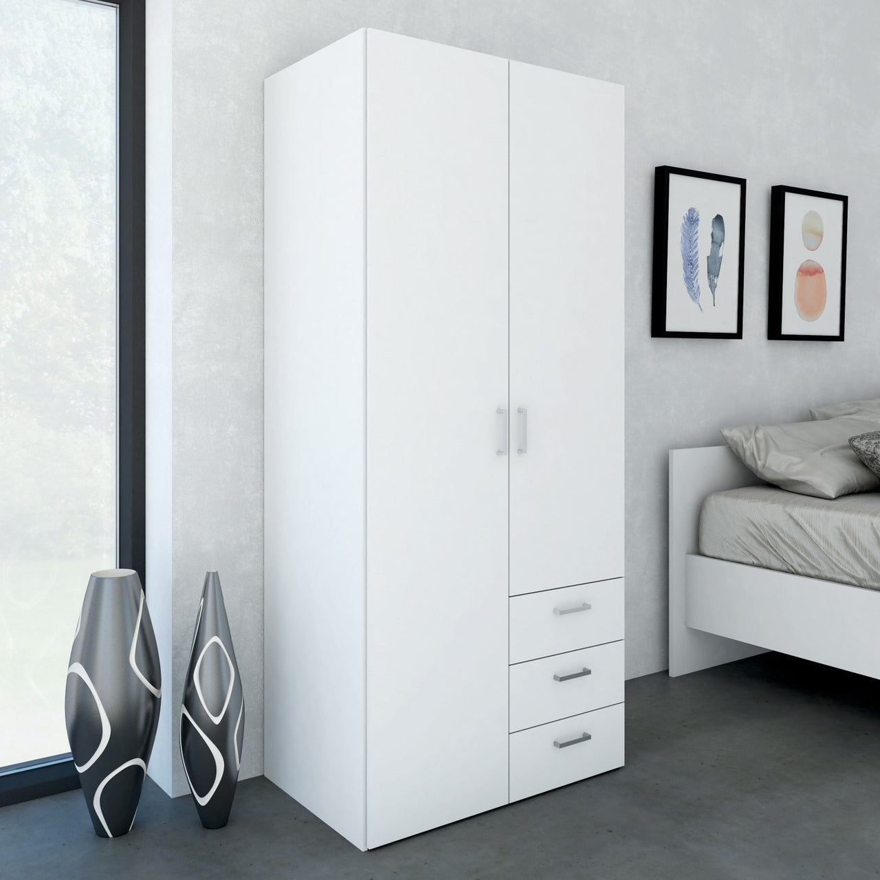 Tall Slim White 2 Door Double Wardrobe With Metal Handles