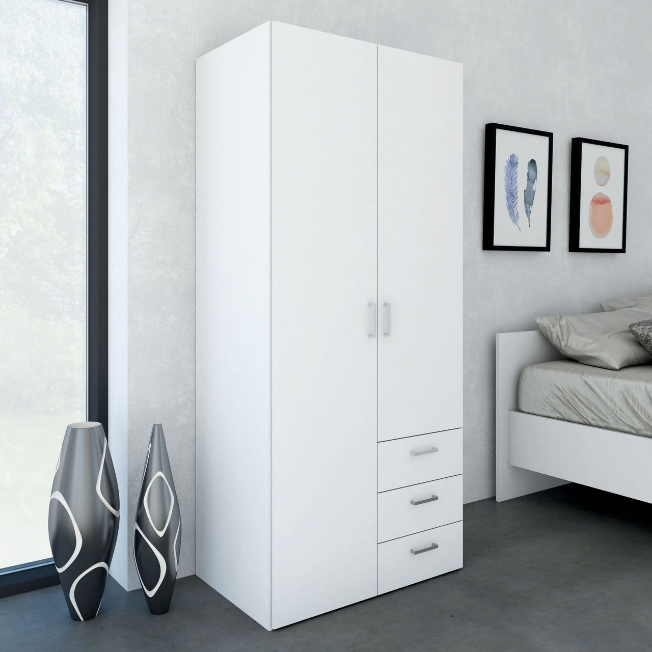 Tall Slim White 2 Door Double Wardrobe With Metal Handles