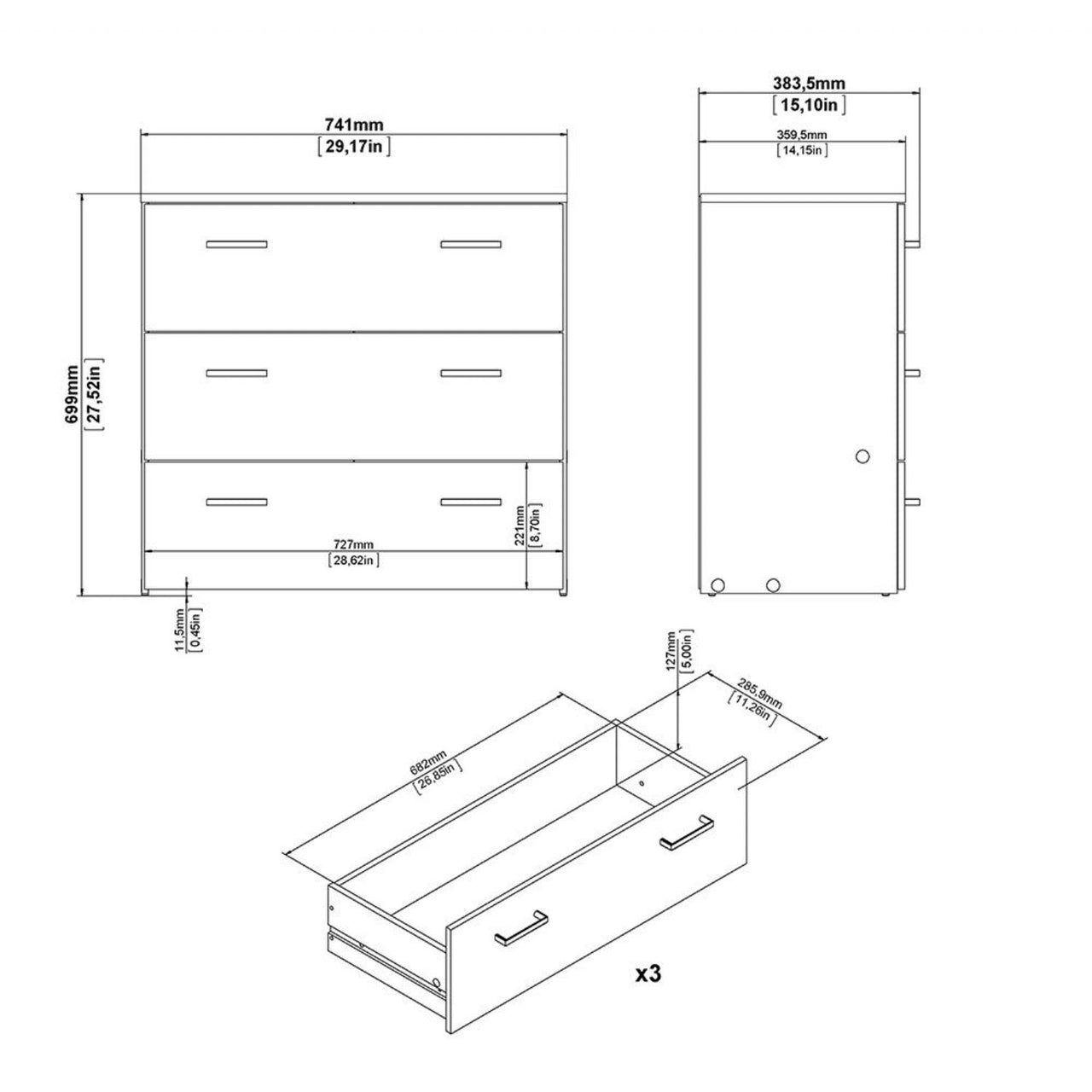 Space Package Bedside 1 Drawer + Chest of 3 Drawers + Wardrobe with 2 doors + 1 drawer in Oak