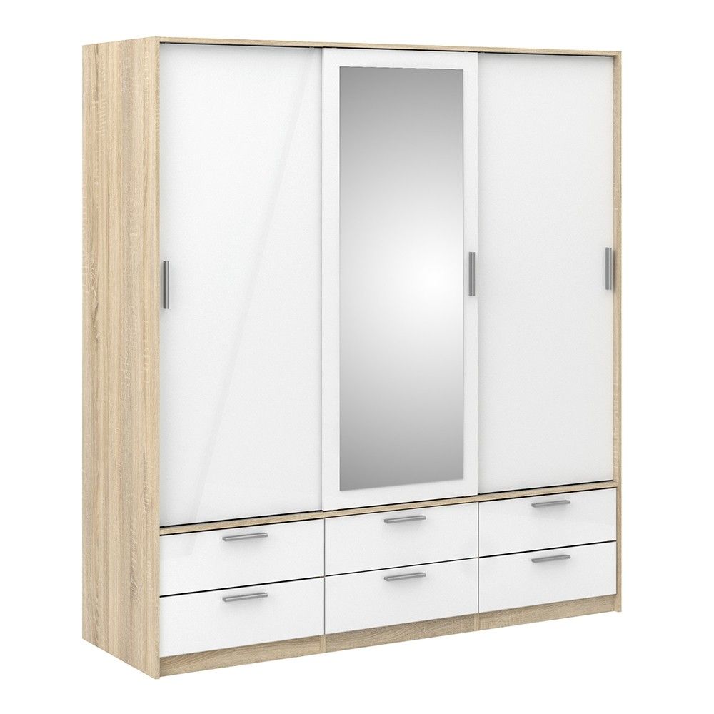 White High Gloss Oak Framed Mirror Sliding 3 Door Triple Wardrobe