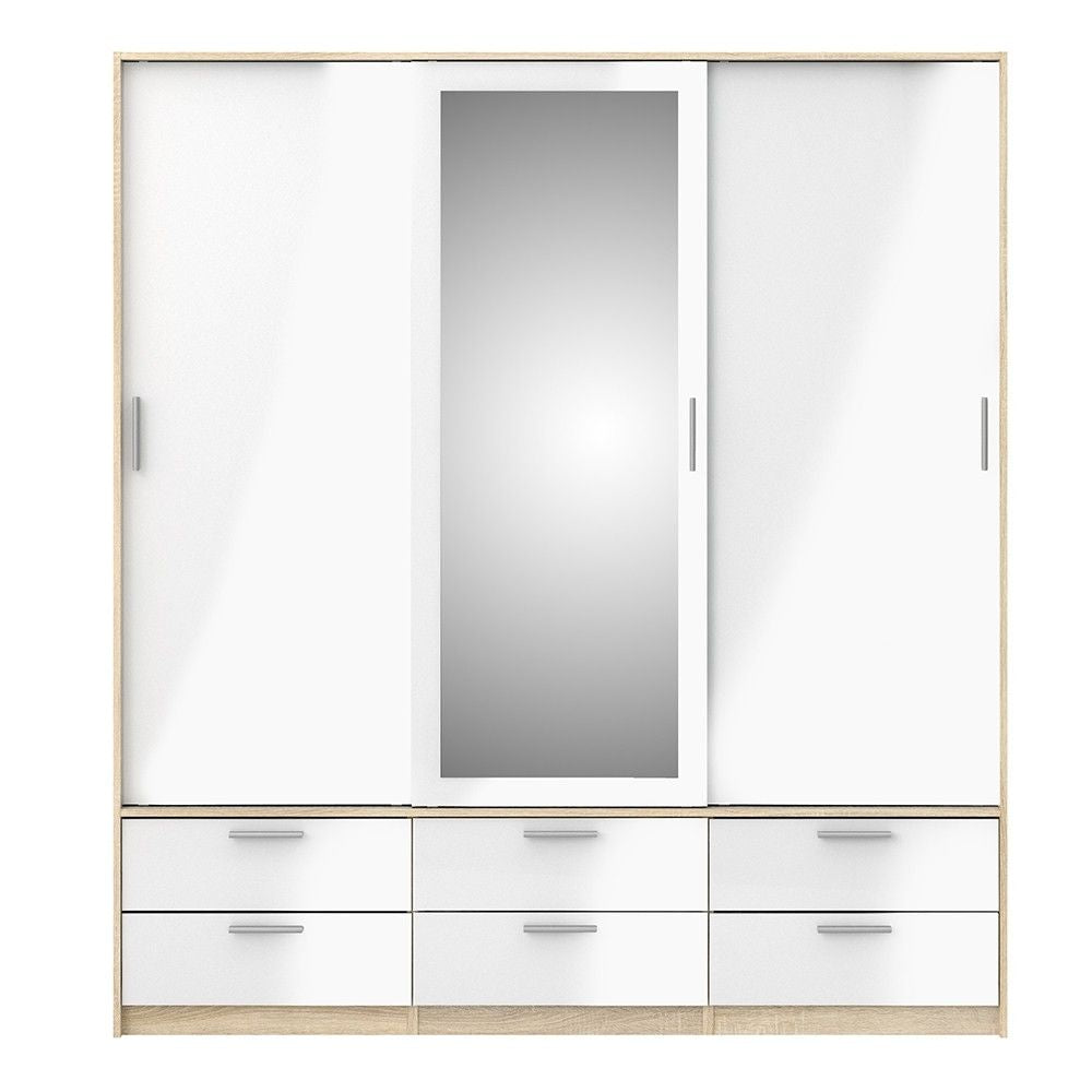 White High Gloss Oak Framed Mirror Sliding 3 Door Triple Wardrobe