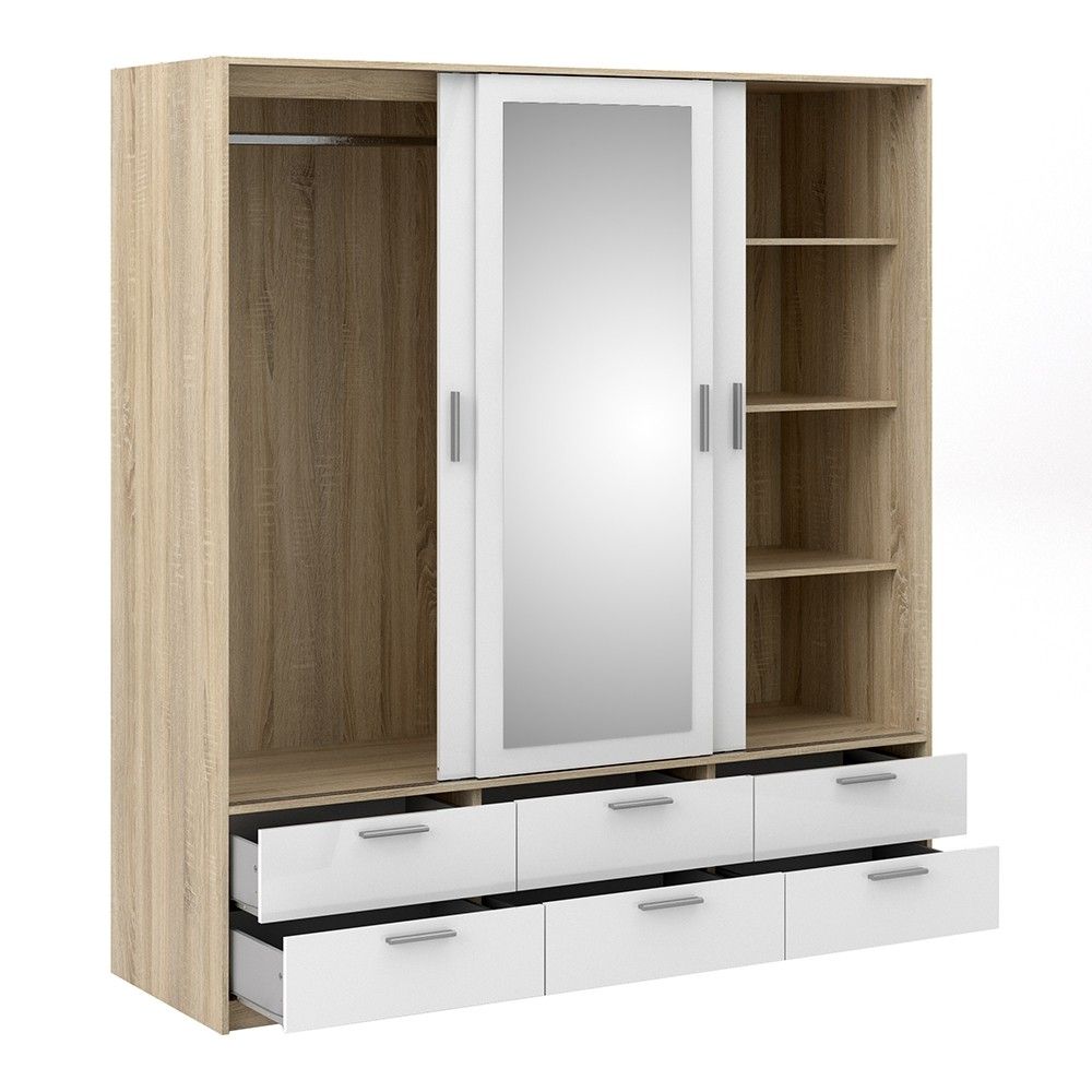 White High Gloss Oak Framed Mirror Sliding 3 Door Triple Wardrobe